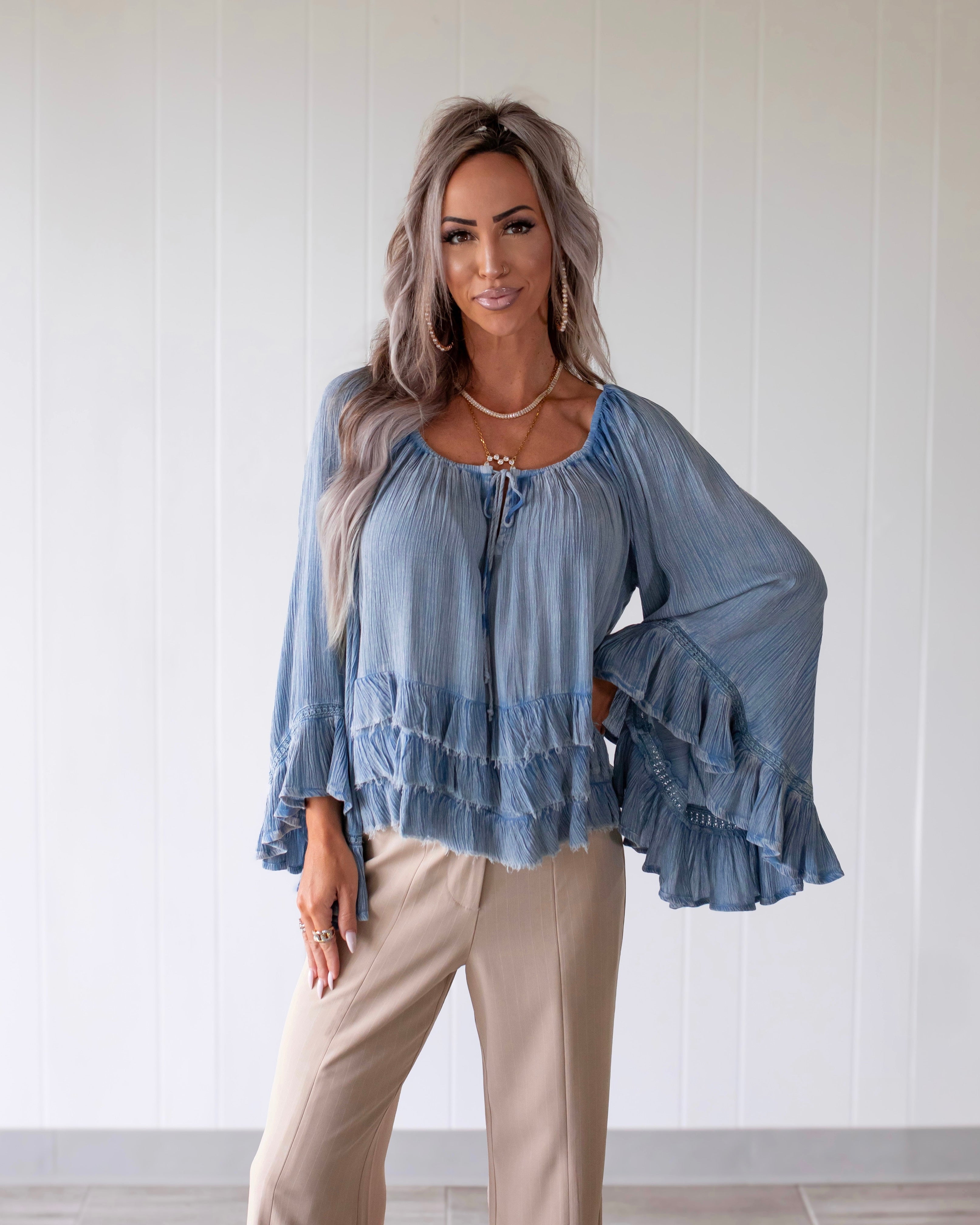 Petal Ruffle Crinkle Top - Denim Blue