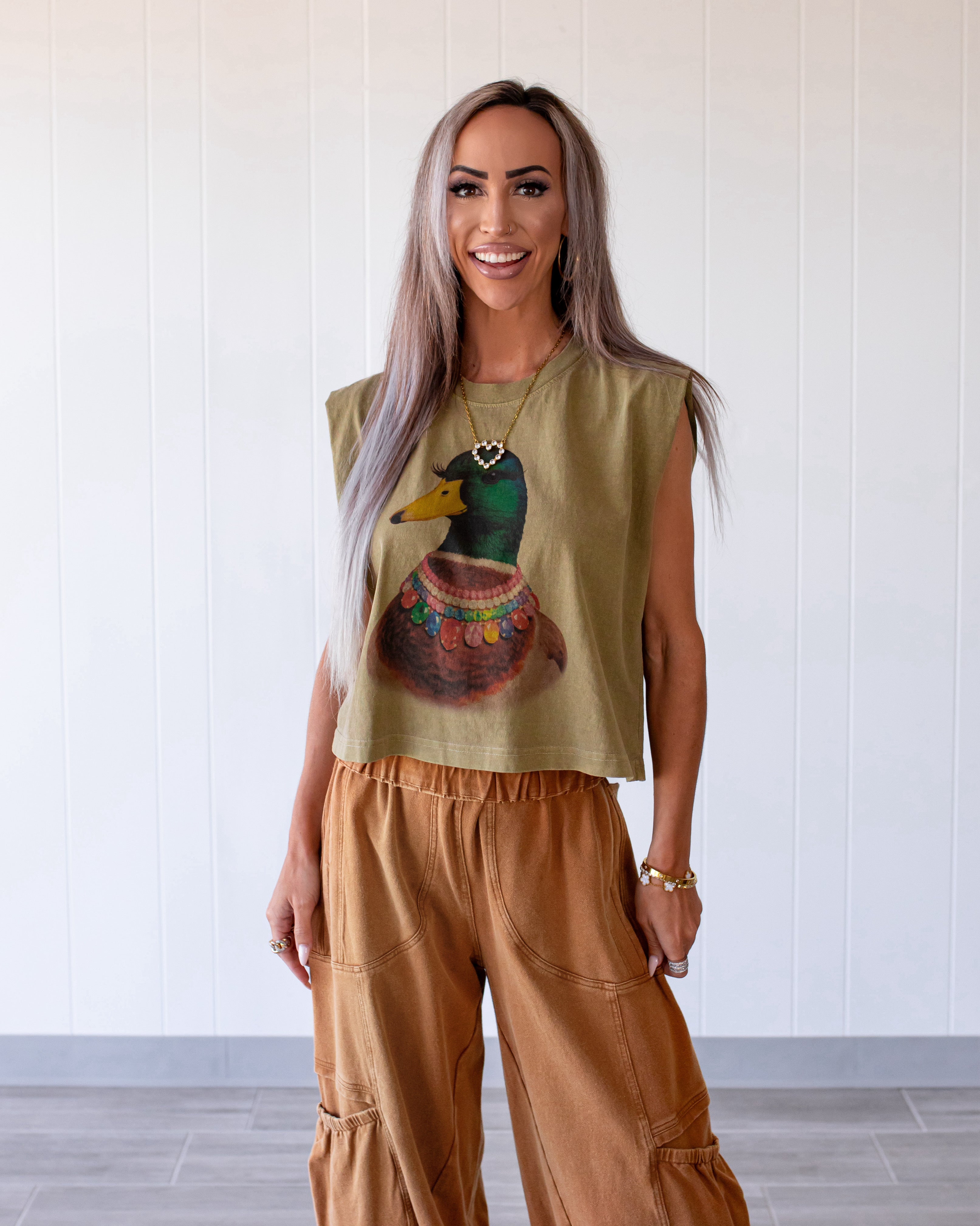 Jeweled Collar Mallard Duck Muscle Tank - Faded Army Green