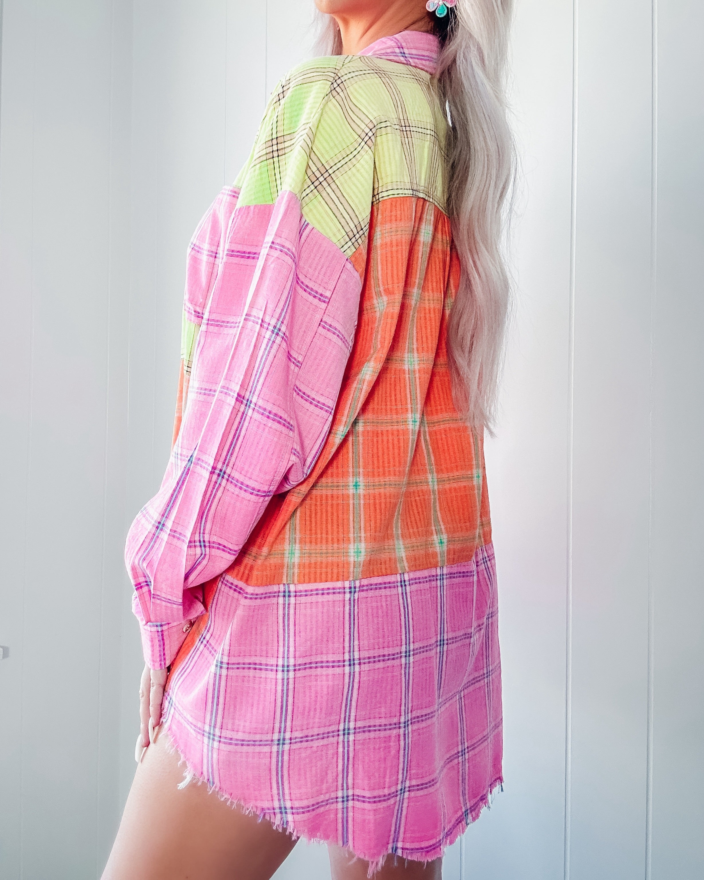 Meadow Bloom Bleach Washed Plaid Shirt - Pink/Lime