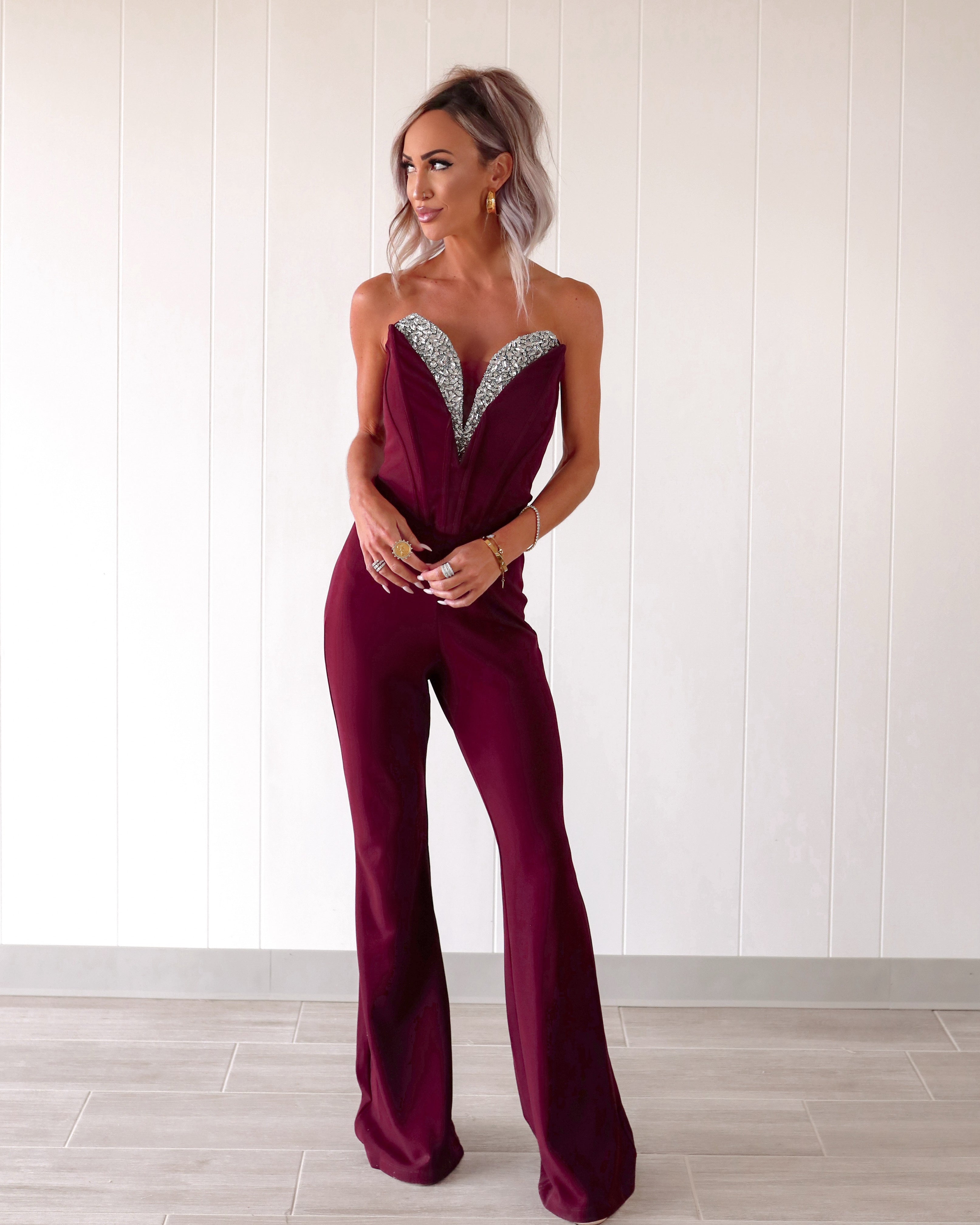 Rhinestone Dreams Mesh Corset Jumpsuit - Maroon