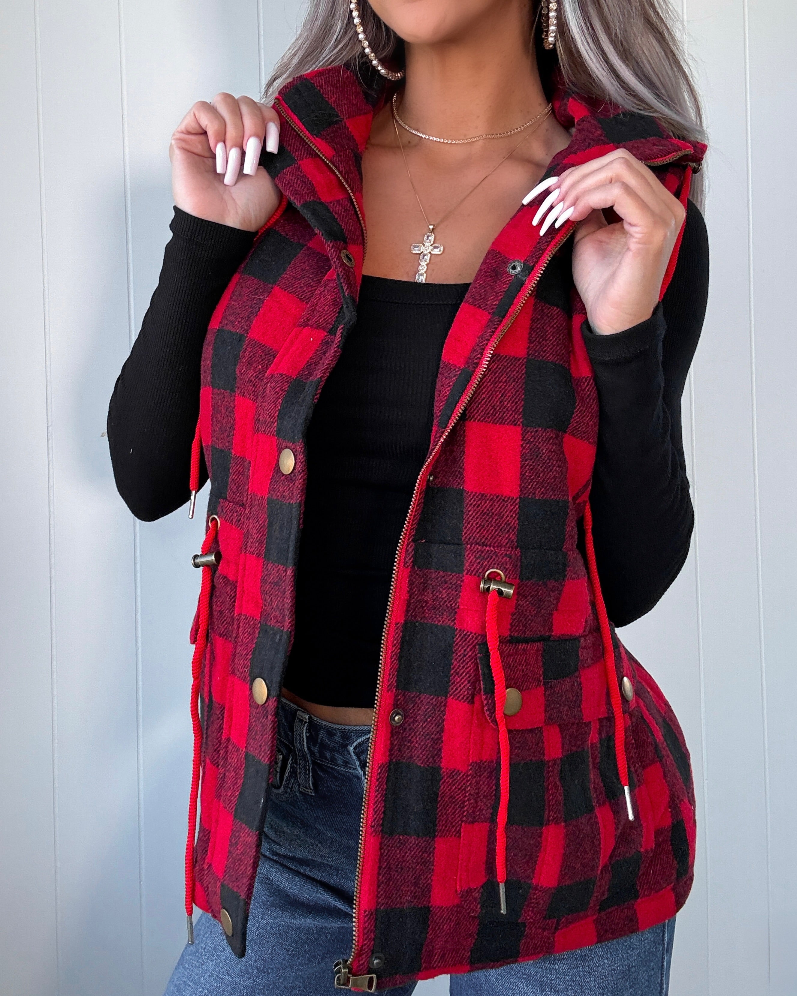 Plan Ahead Plaid Hooded Vest - Red/Black