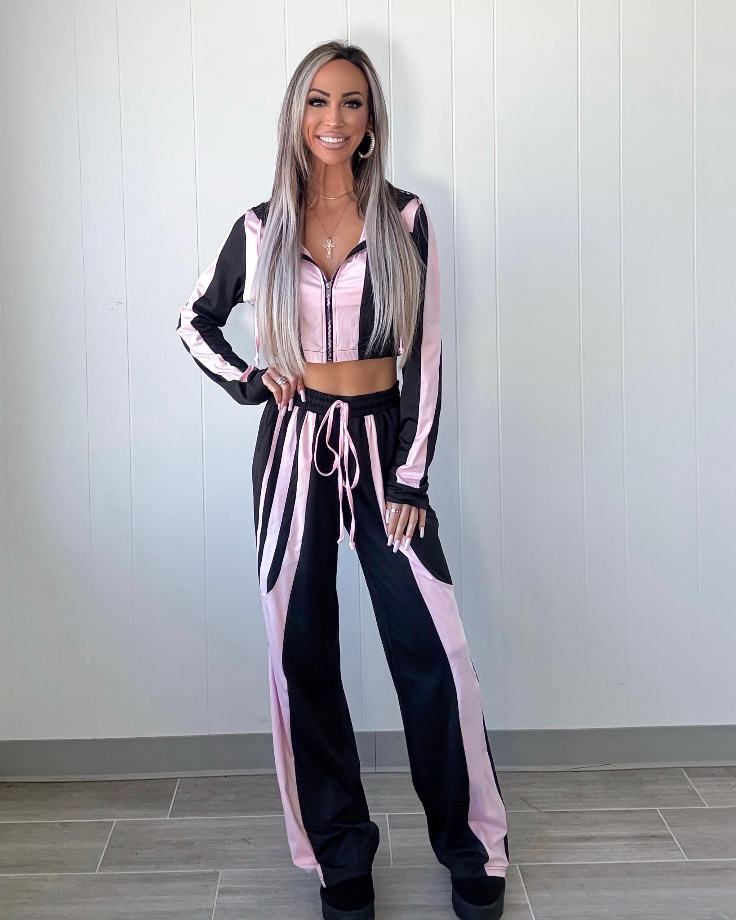 Playmaker Contrast Pants Set - Black/Pink