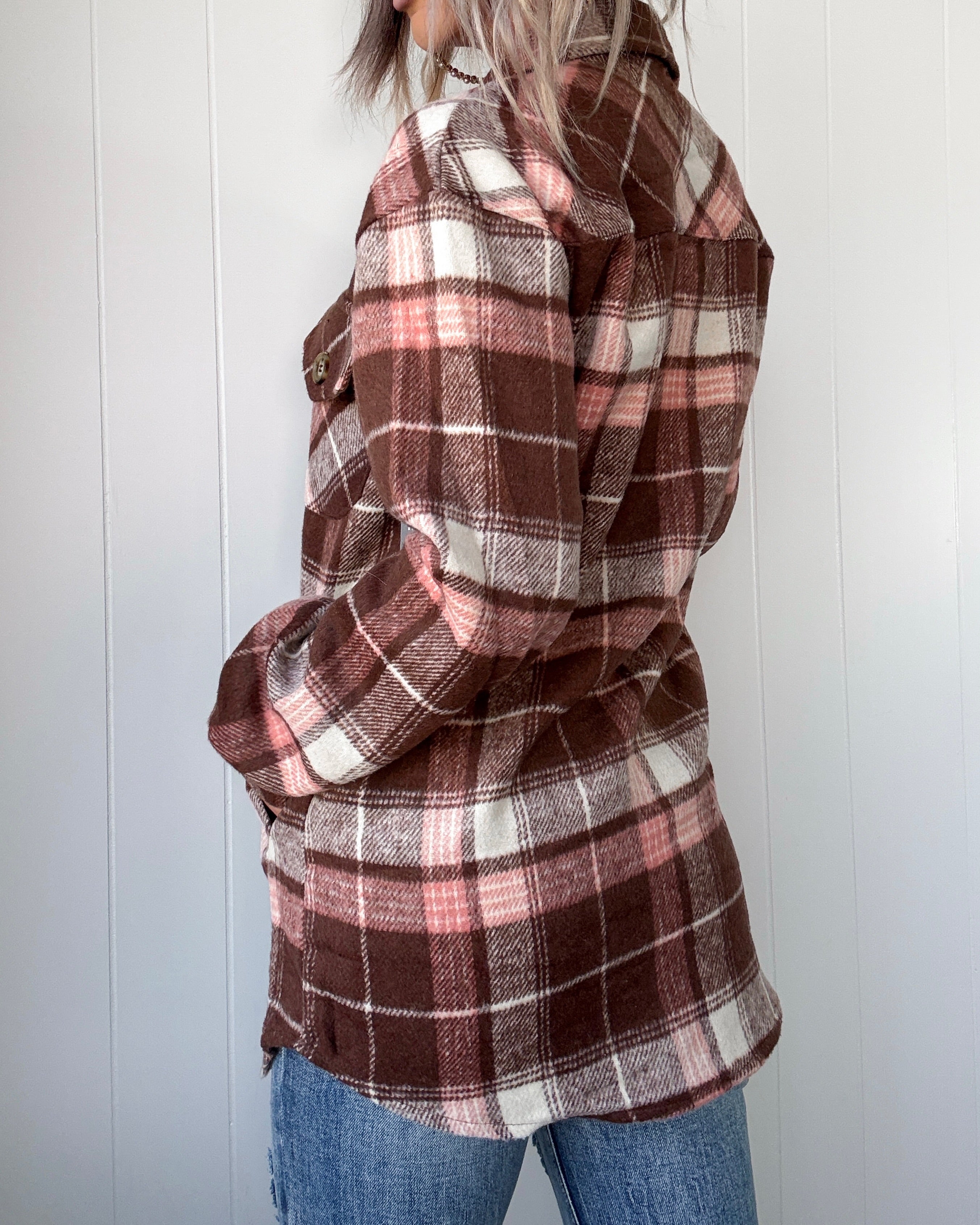 Warm Embrace Plaid Flannel Shacket - Brown/Pink