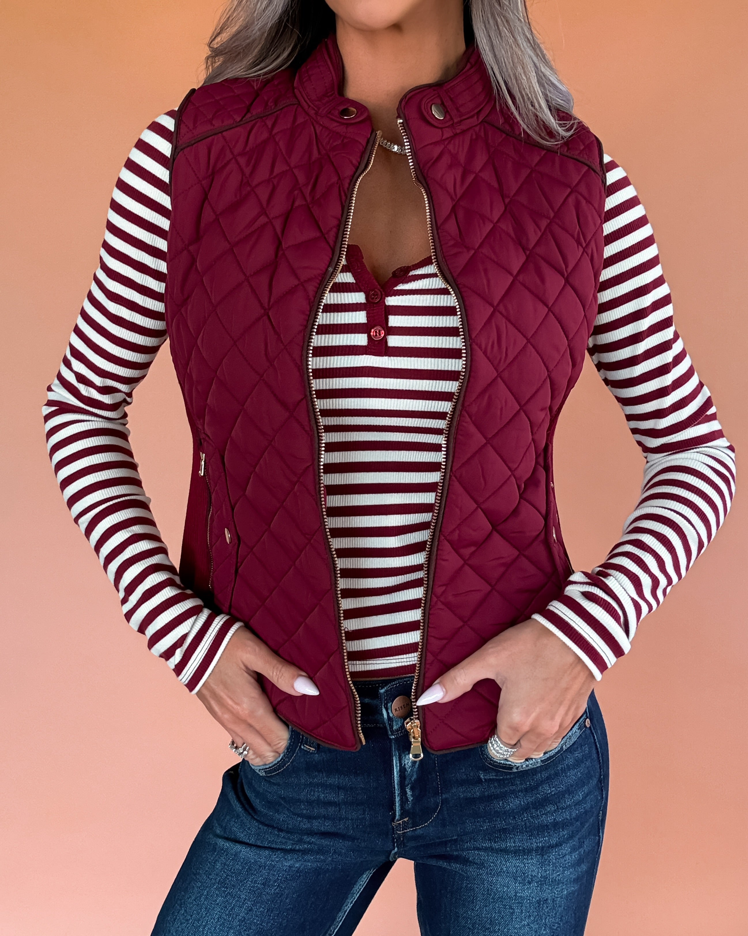 Sight Seeing Quilted Padded Vest - Wine