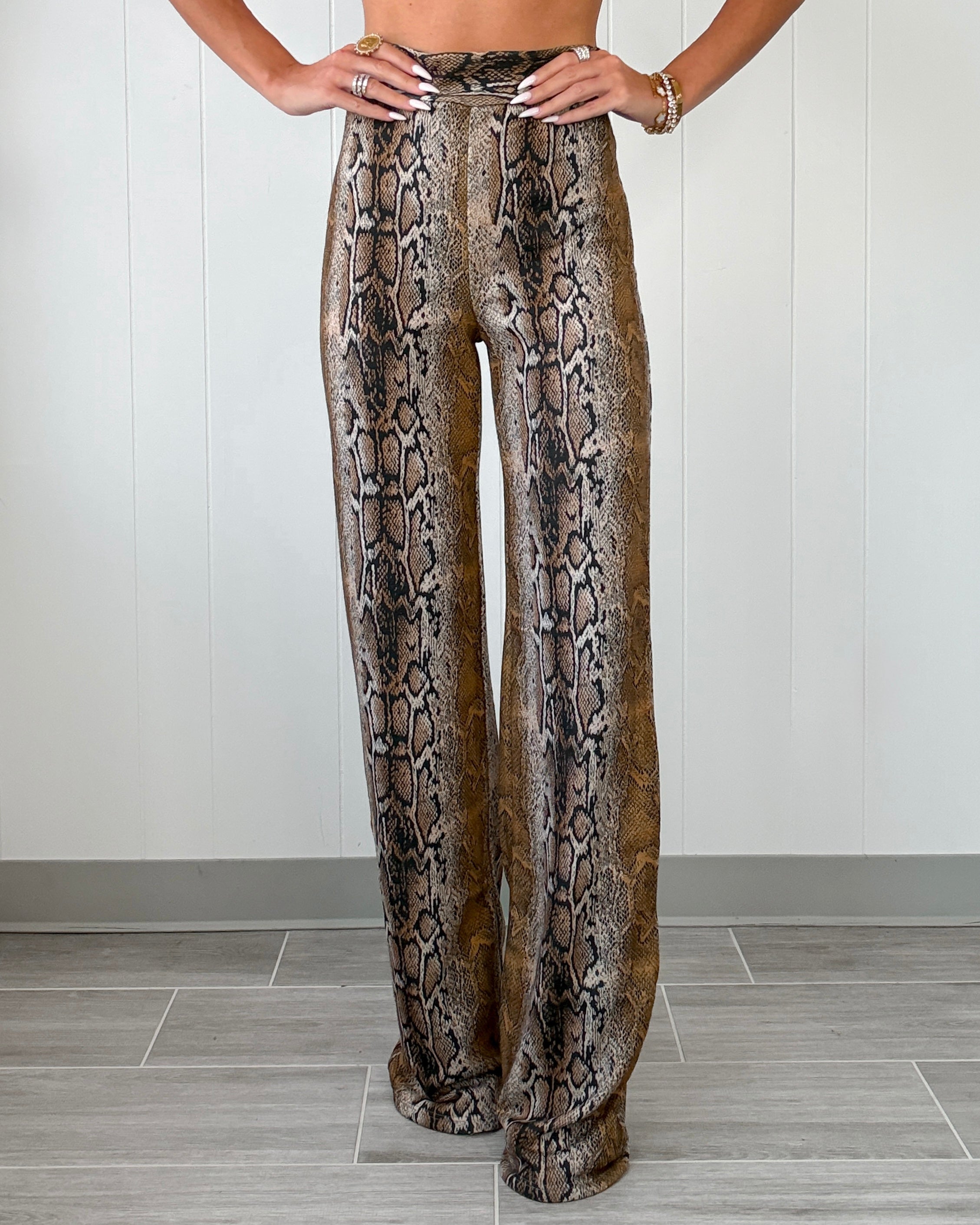 The Serpentine Snake Print Flare Pants - Taupe