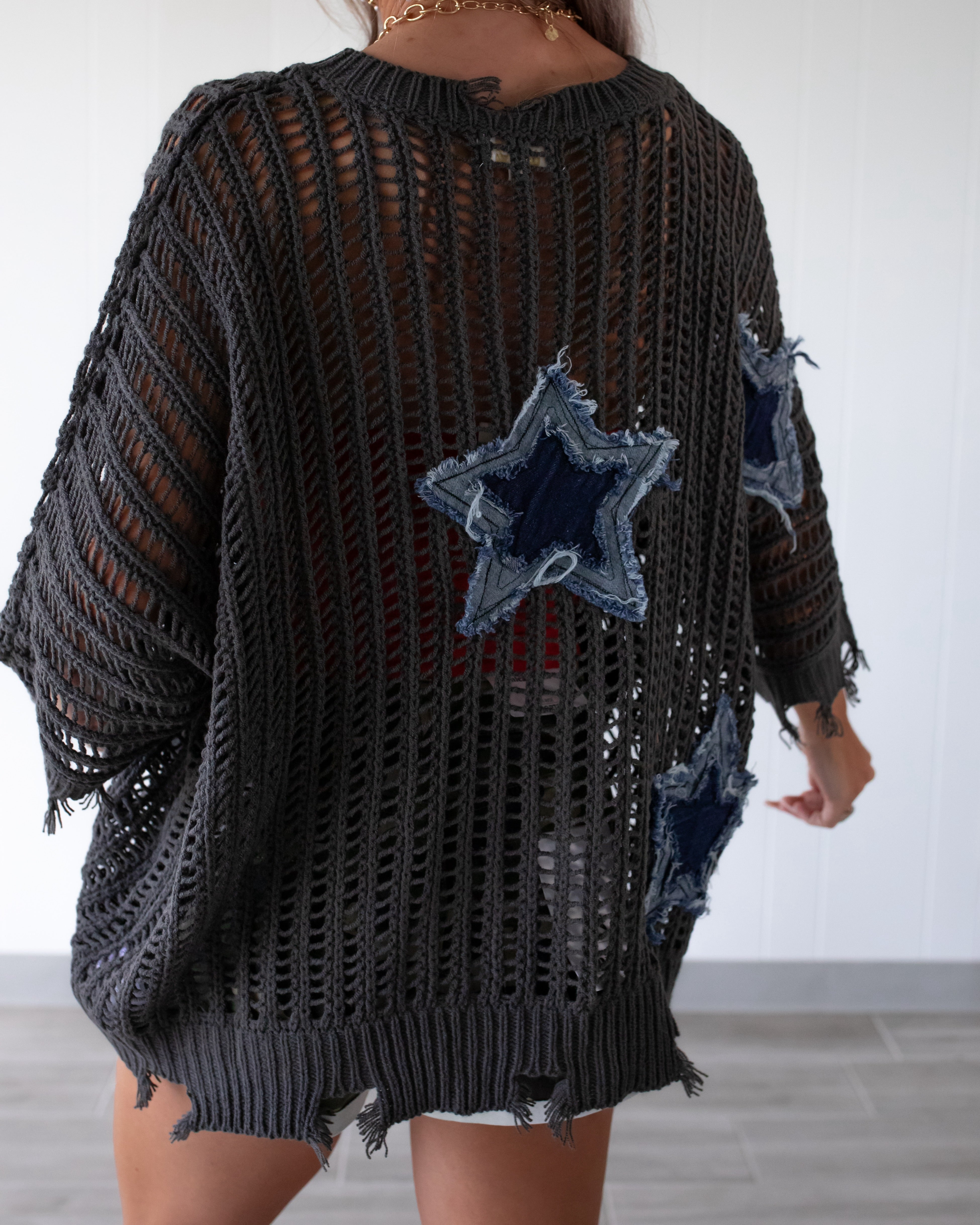Freedom Vibes Distressed Star Knit Pullover - Charcoal
