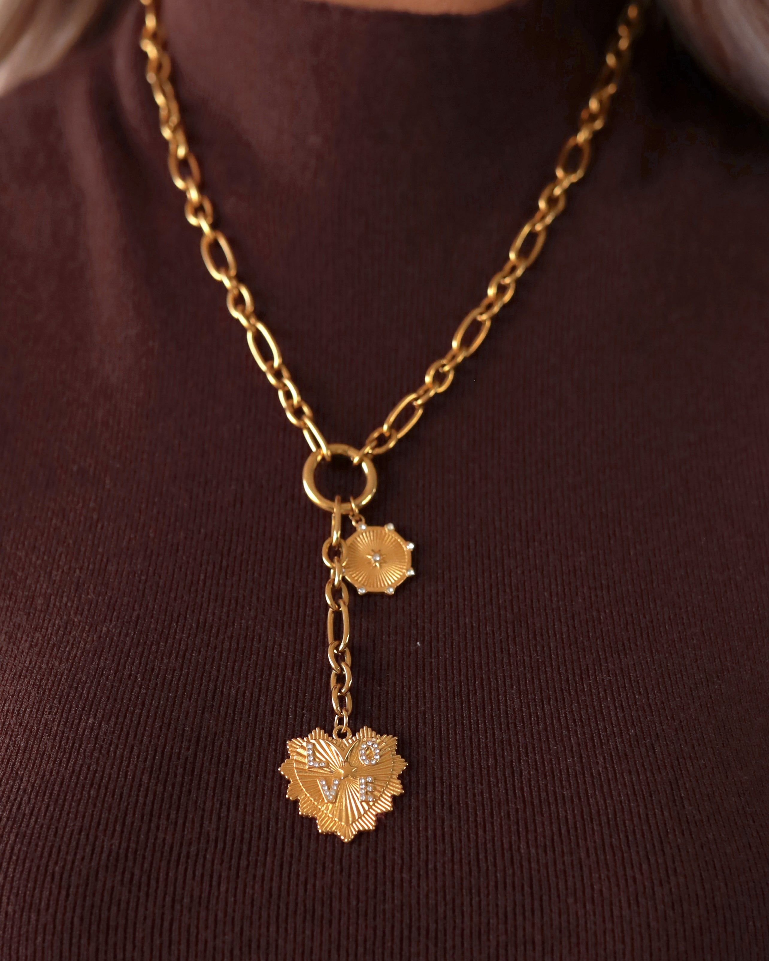 Golden Heart Sunburst Pendant Necklace