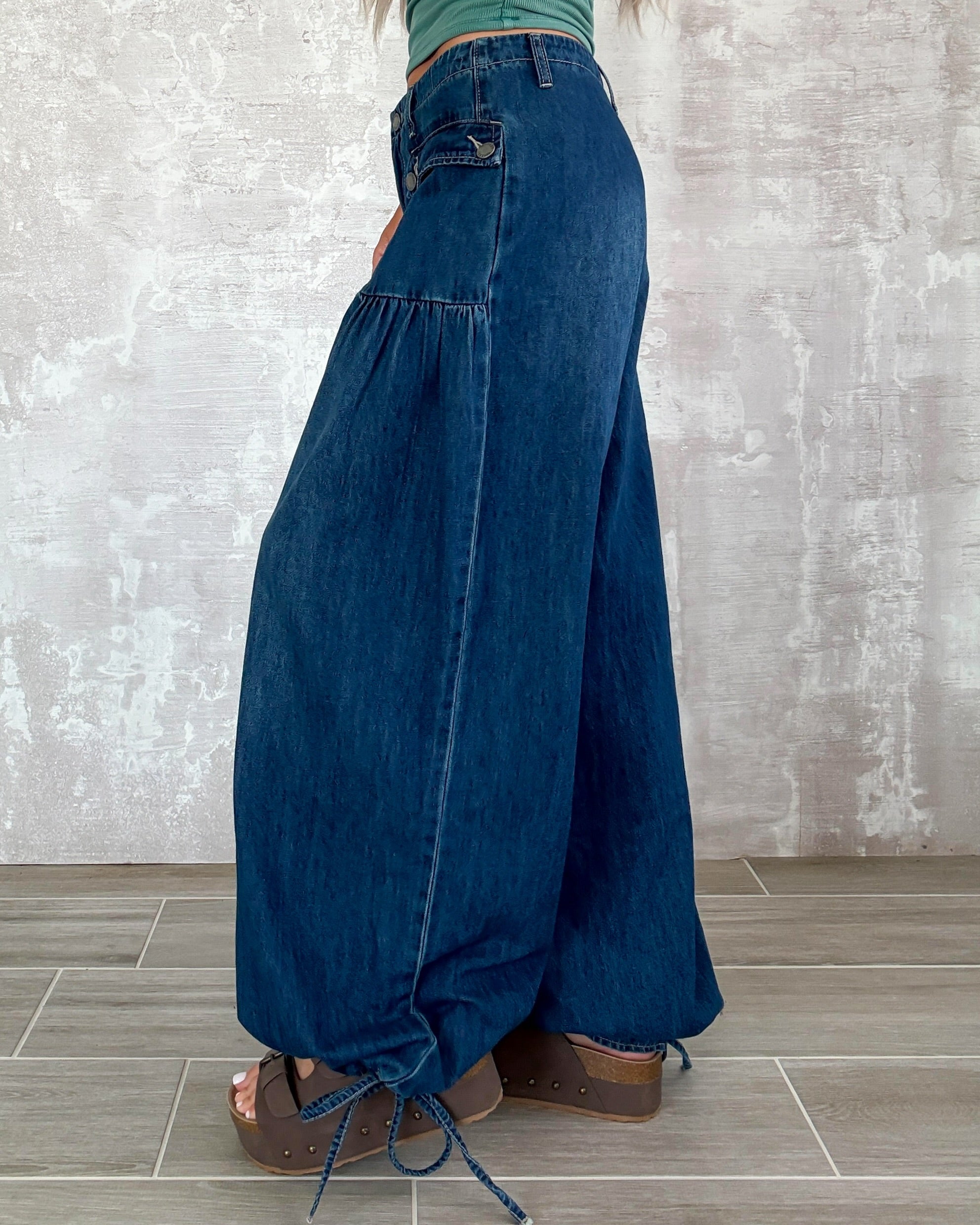 Denim Darling Ankle Drawstring Wide Pants - Dark Wash