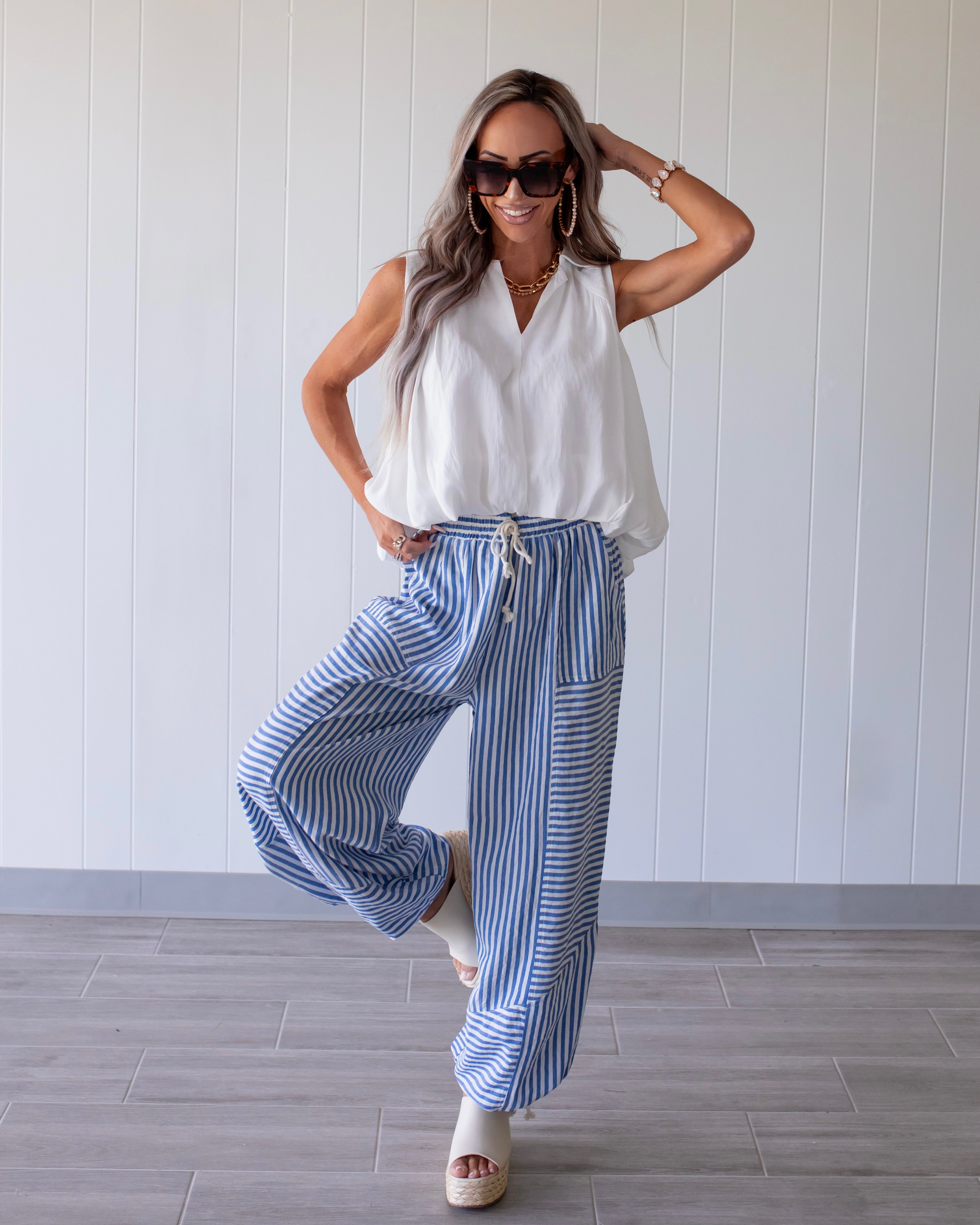 Girly Stripe Patchwork Joggers - Blue