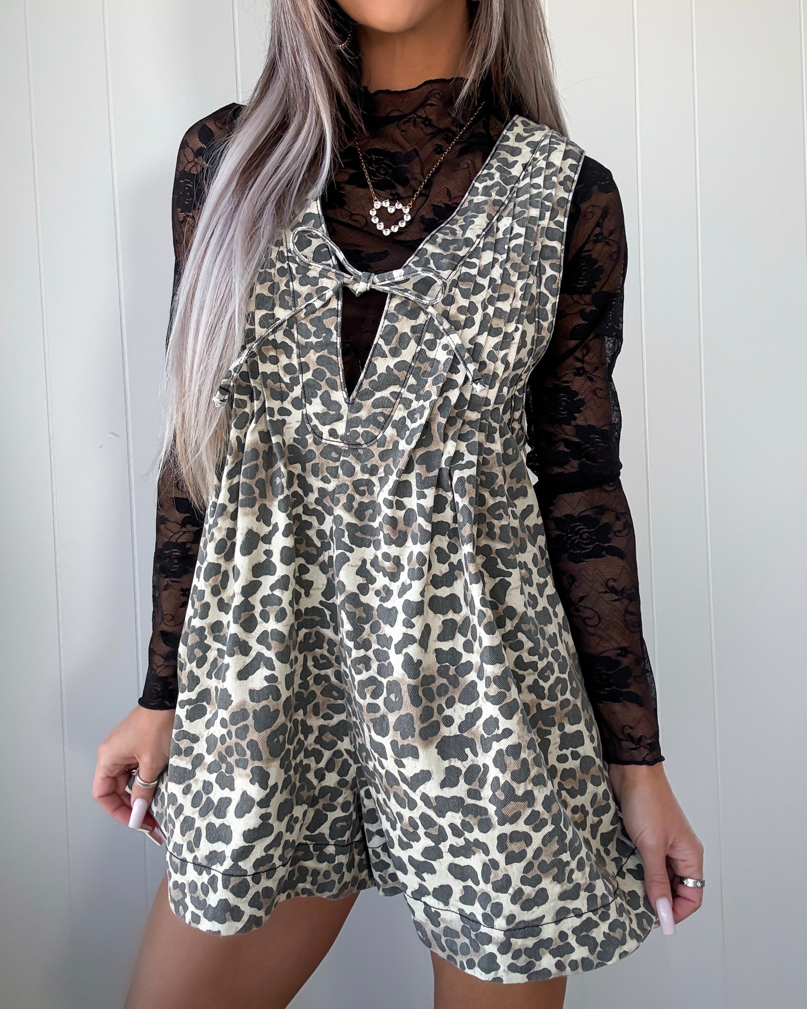 Playful Pleats Denim Romper - Leopard