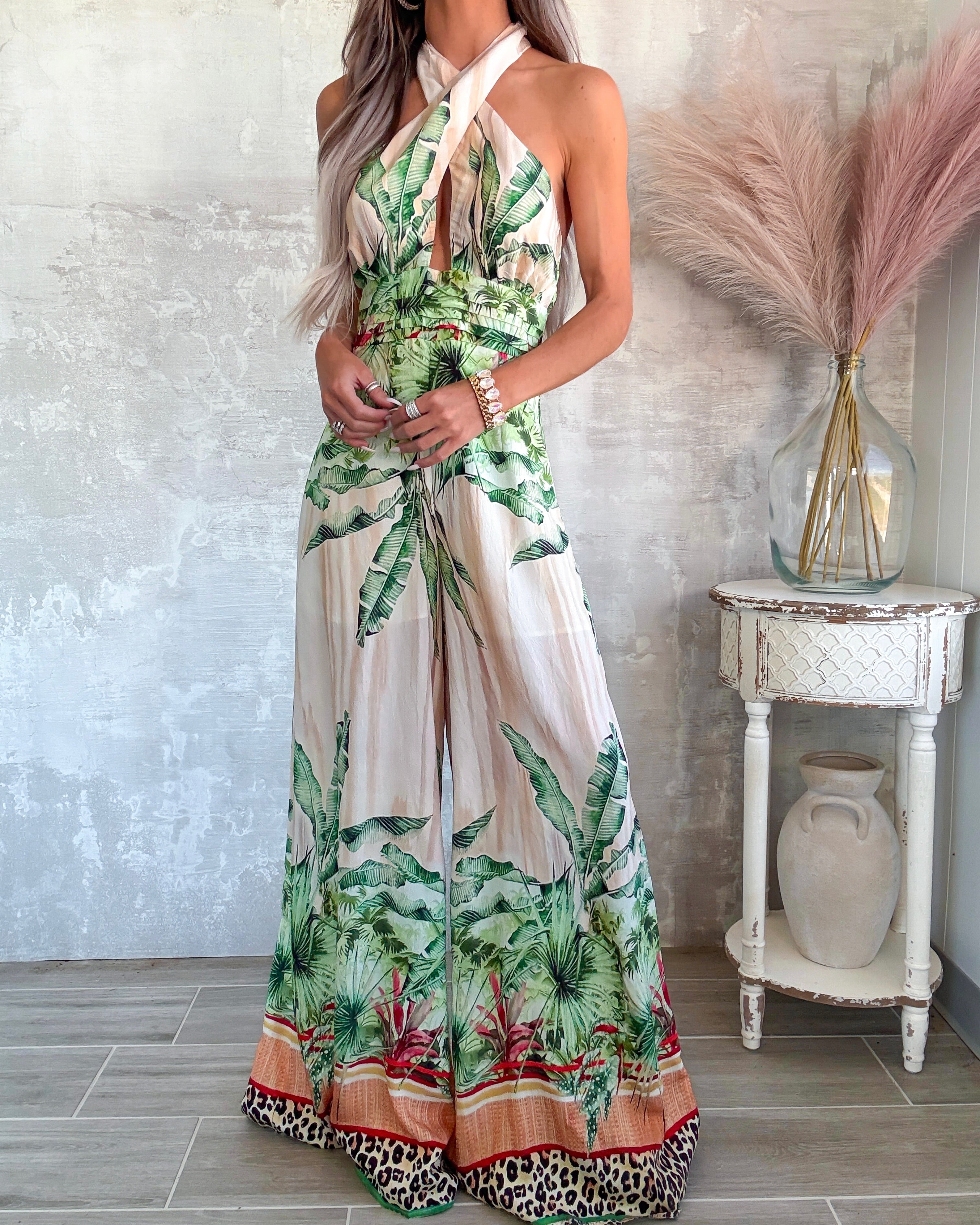 Coastal Wild Halter Jumpsuit - Tropical
