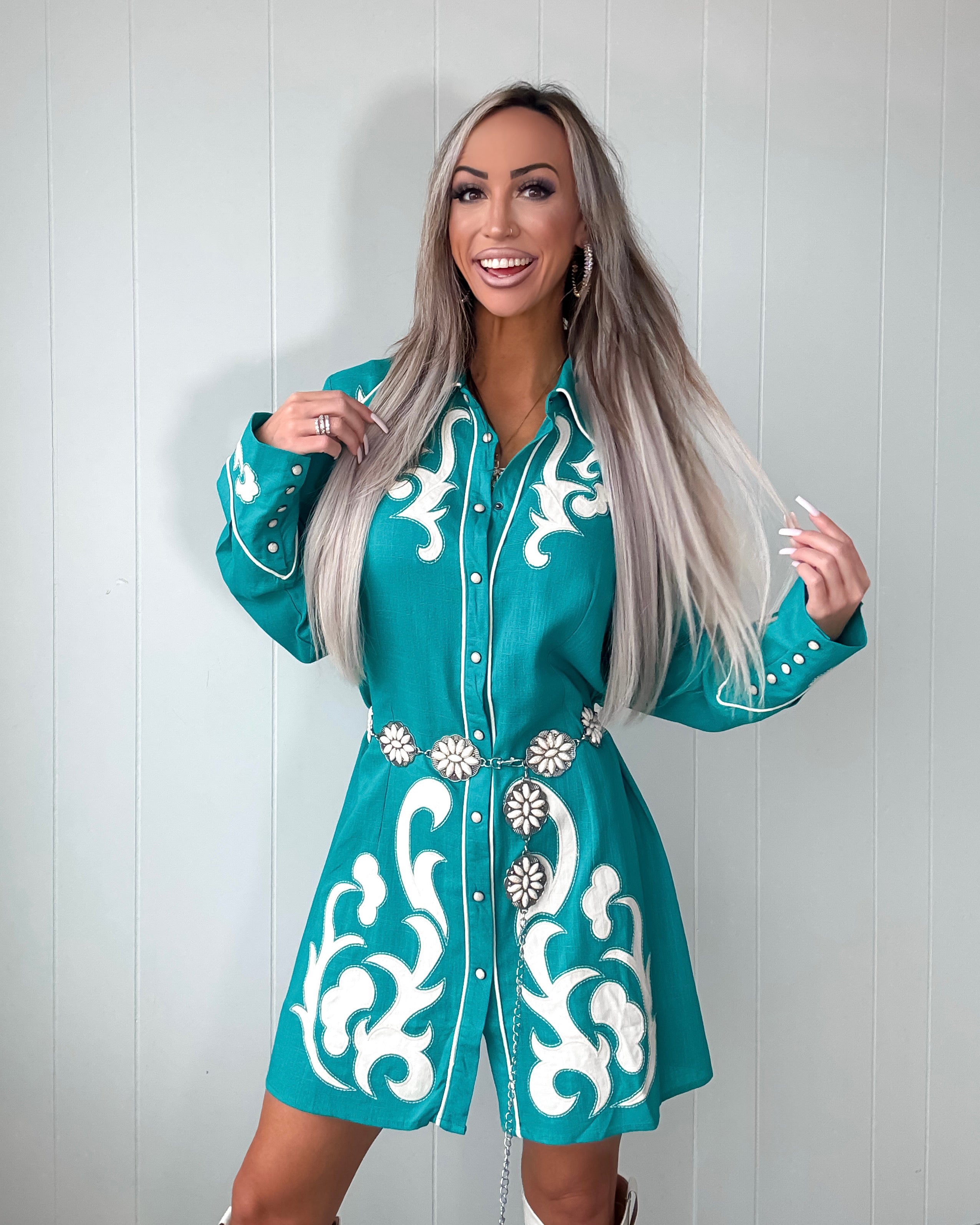Threaded West Long Sleeve Dress - Jade