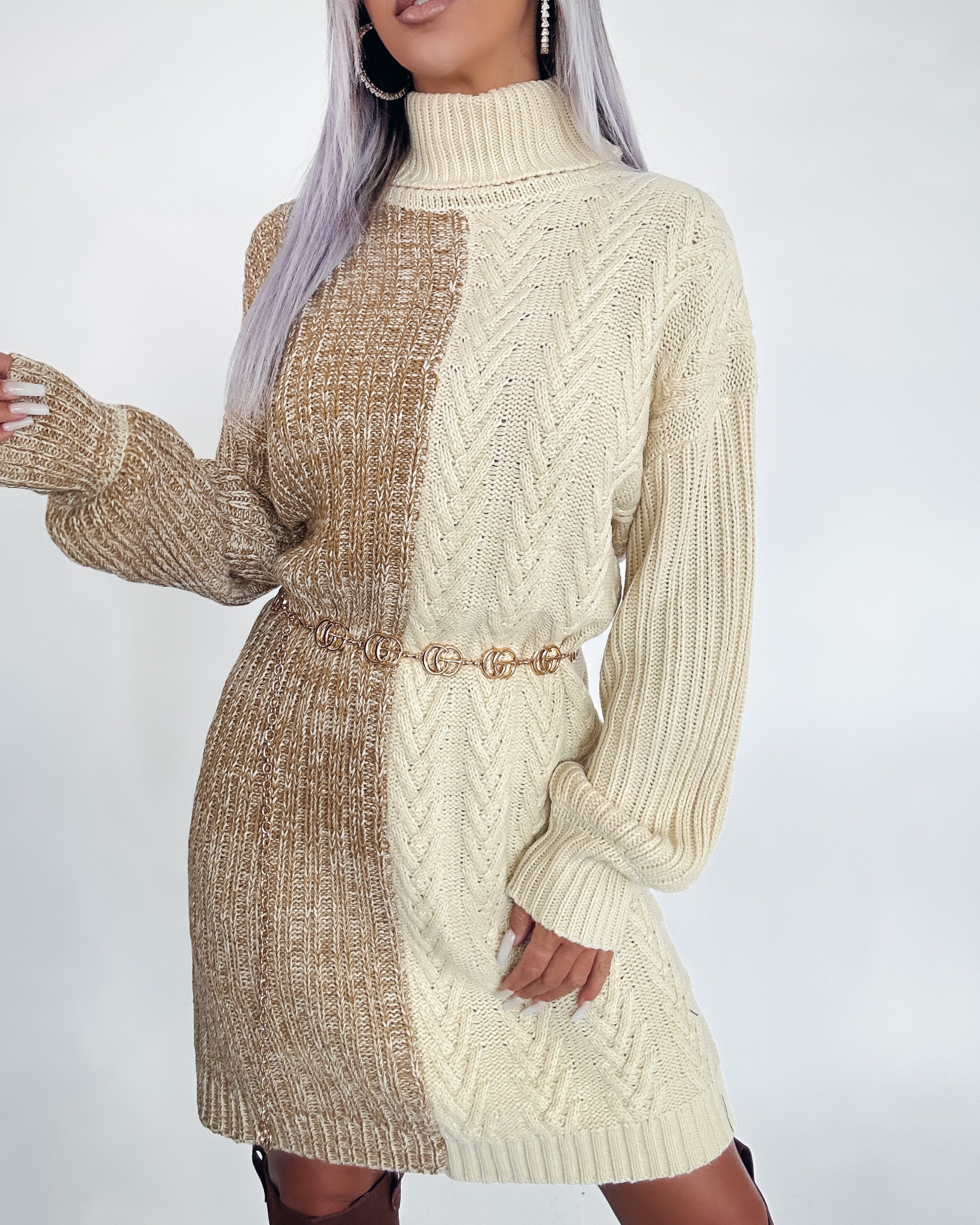 From Dusk Turtleneck Sweater Dress- Taupe/Oatmeal