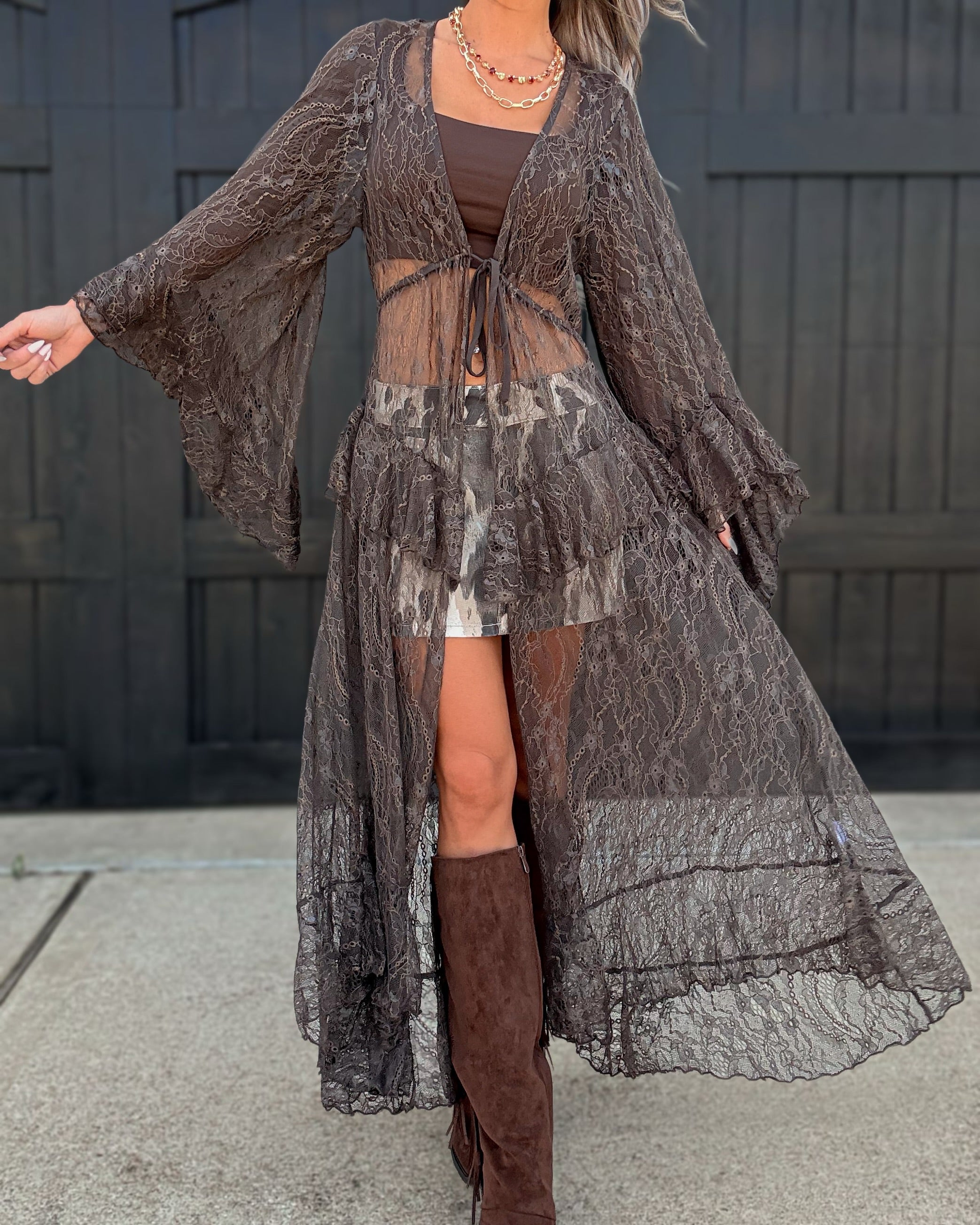 Laced in Mystery Tie Duster - Dark Brown