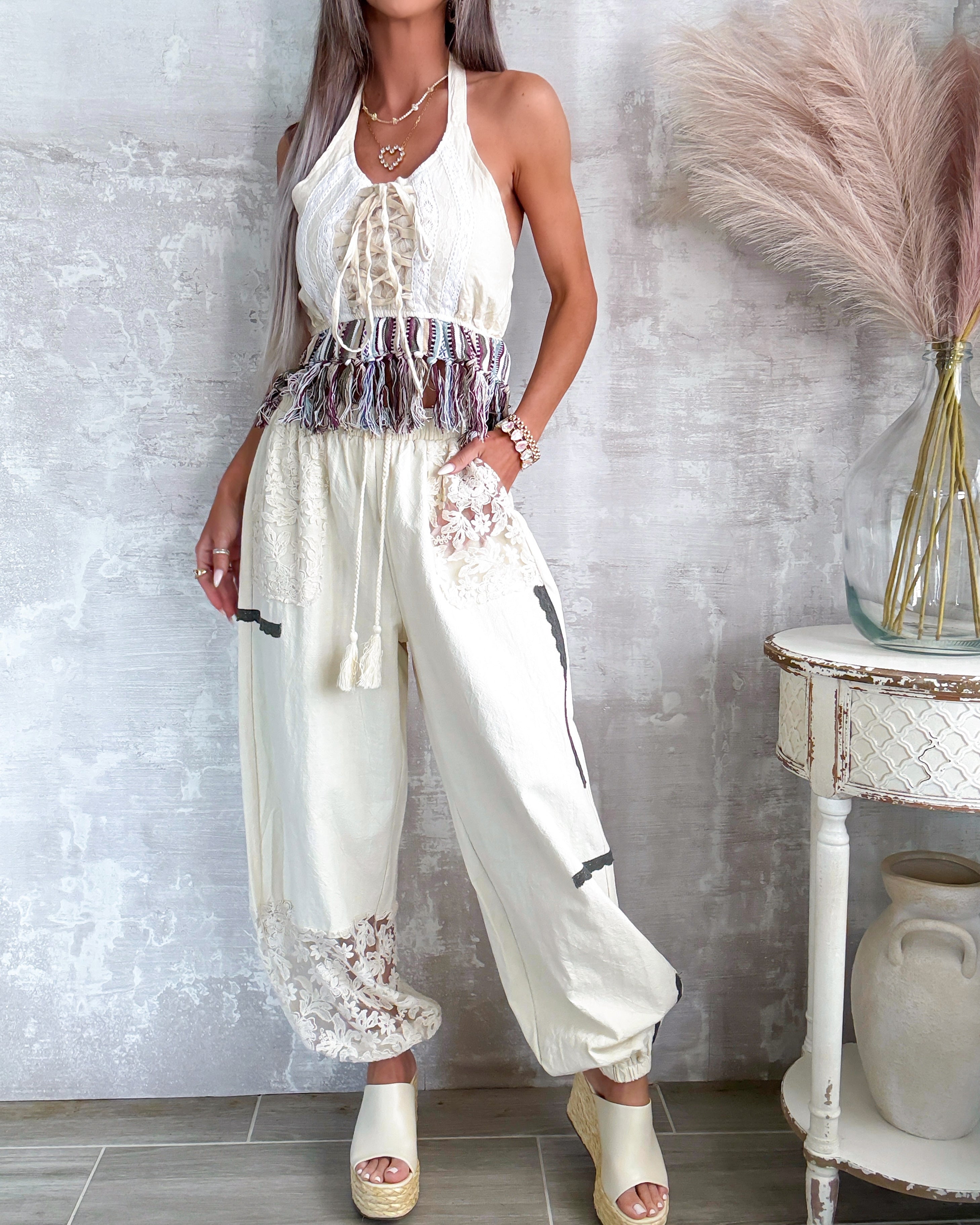 Patch Me Pretty Crochet Joggers - Cream