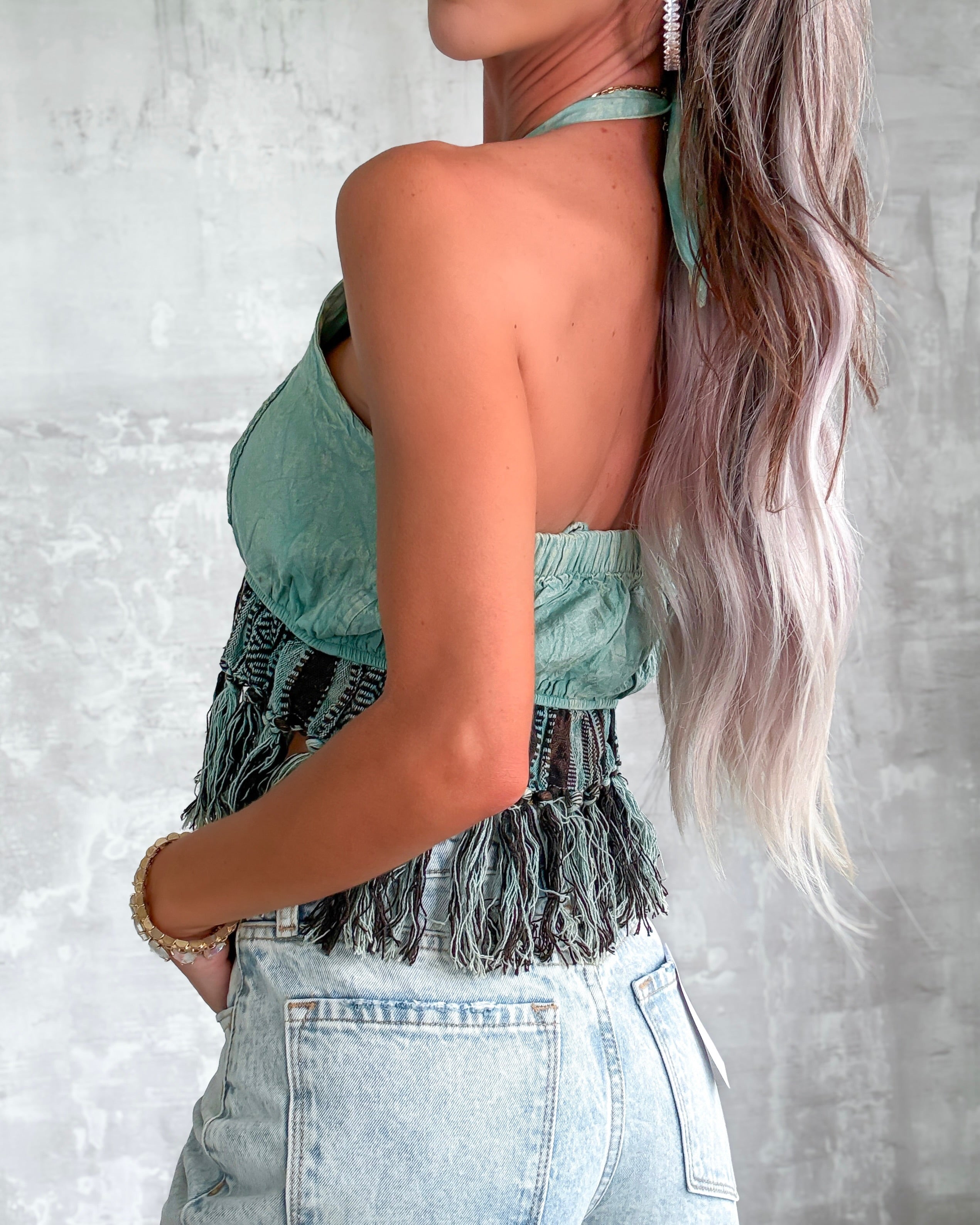 Britt Boho Fringe Halter Top - Sage