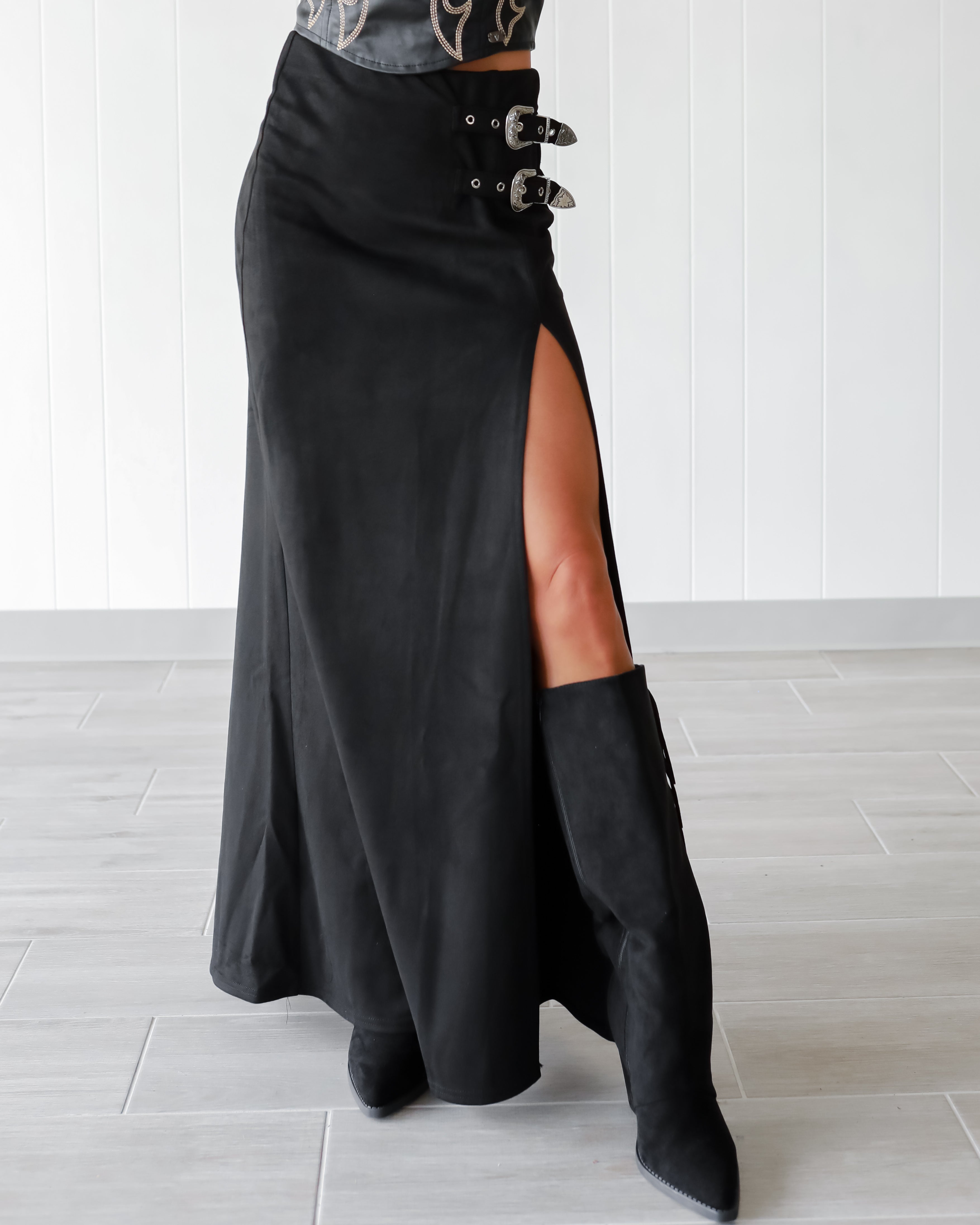 Risk Taker Buckle Suede Skirt - Black