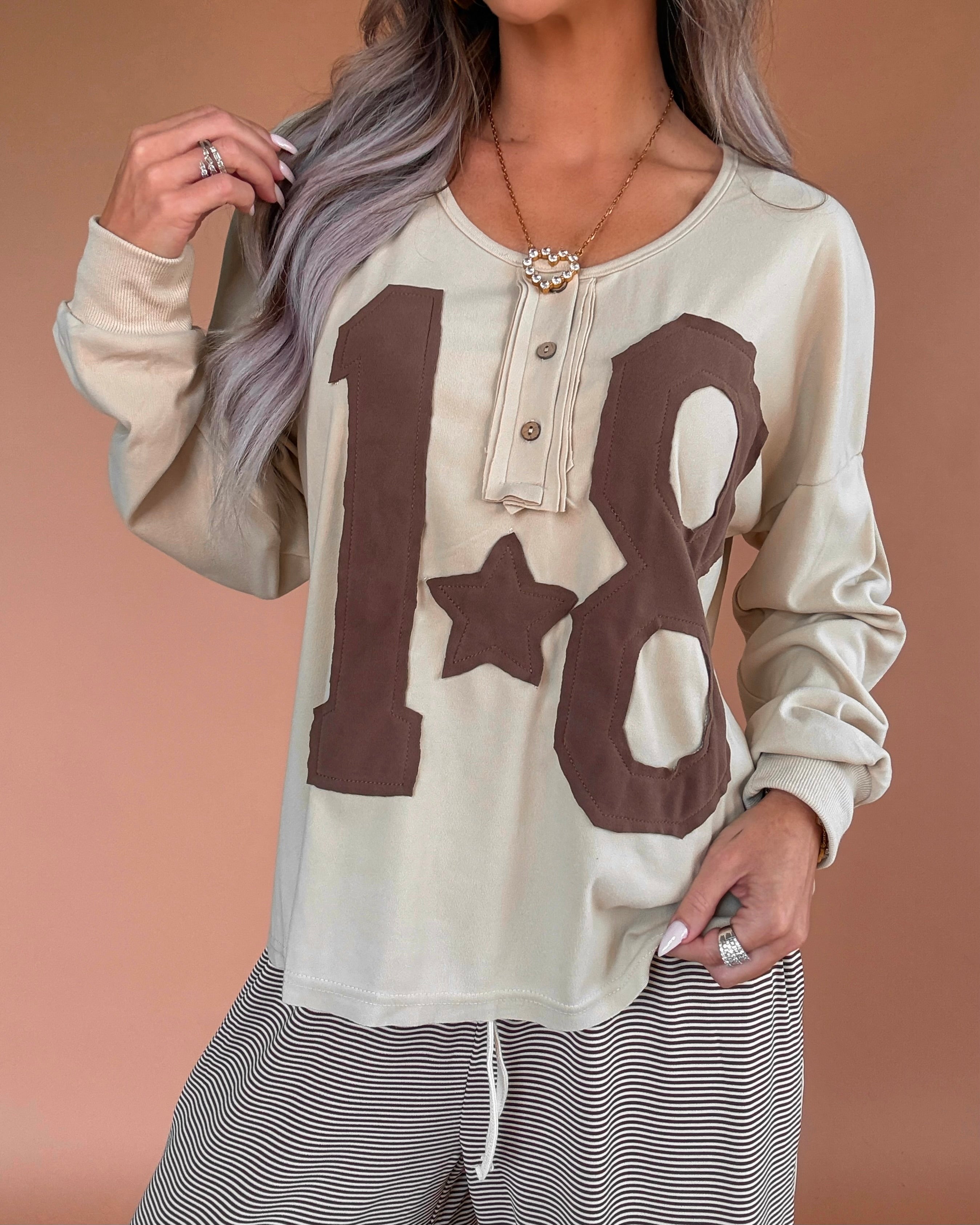 Patch 18 Oversized Henley Long Sleeve Top - Oatmeal
