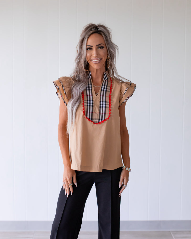 Plaid Contrast Accent Woven Top - Taupe
