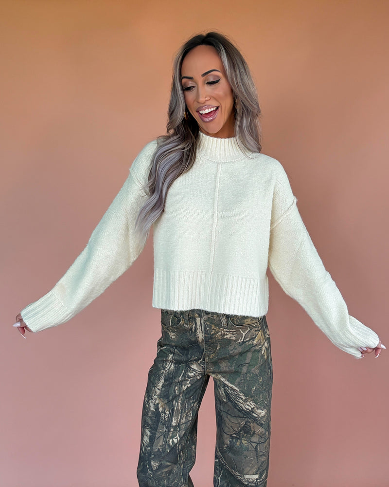 Fine Line Mock Neck Sweater - Cream