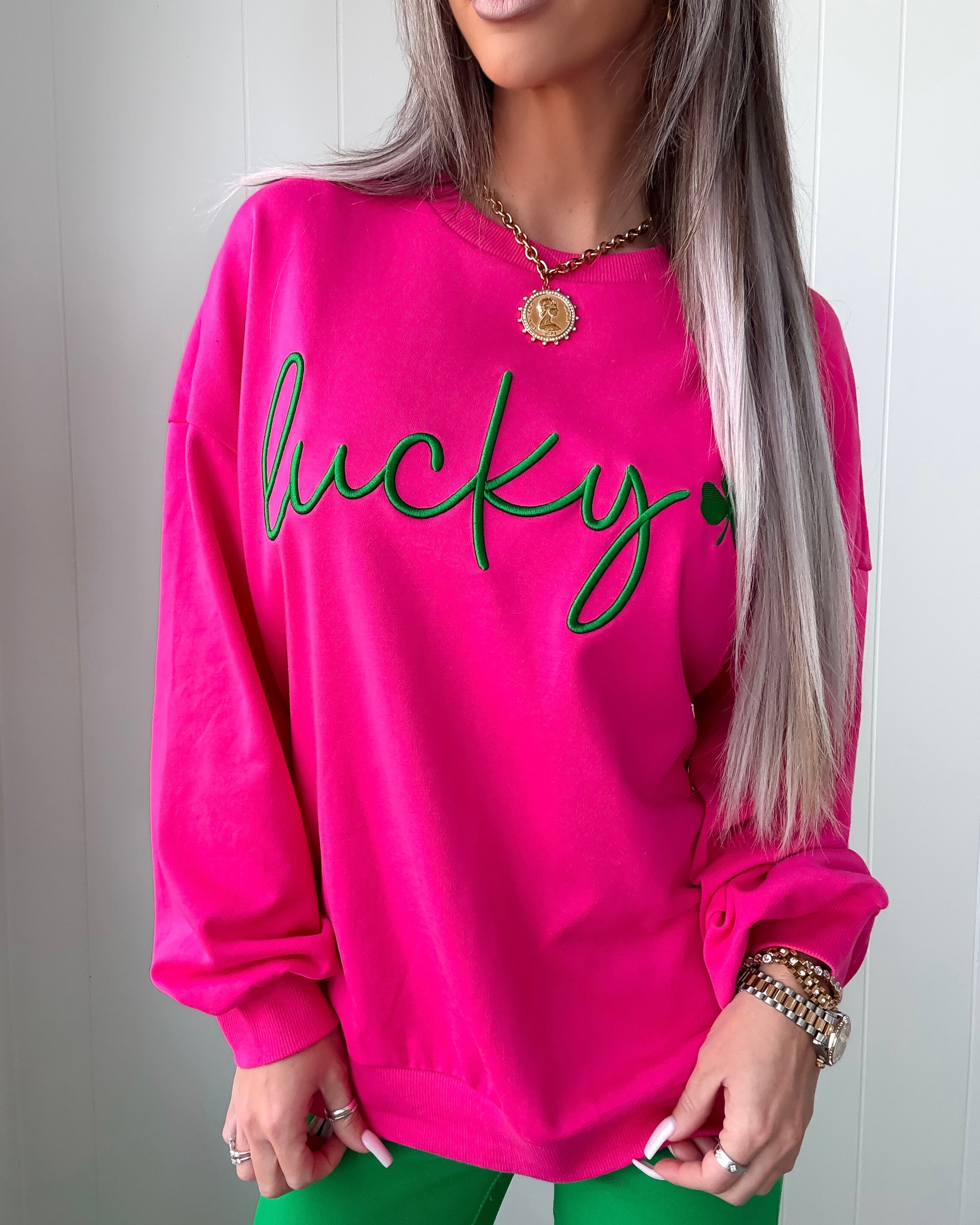 Lucky Clover Embroidered Graphic Sweatshirt - Hot Pink