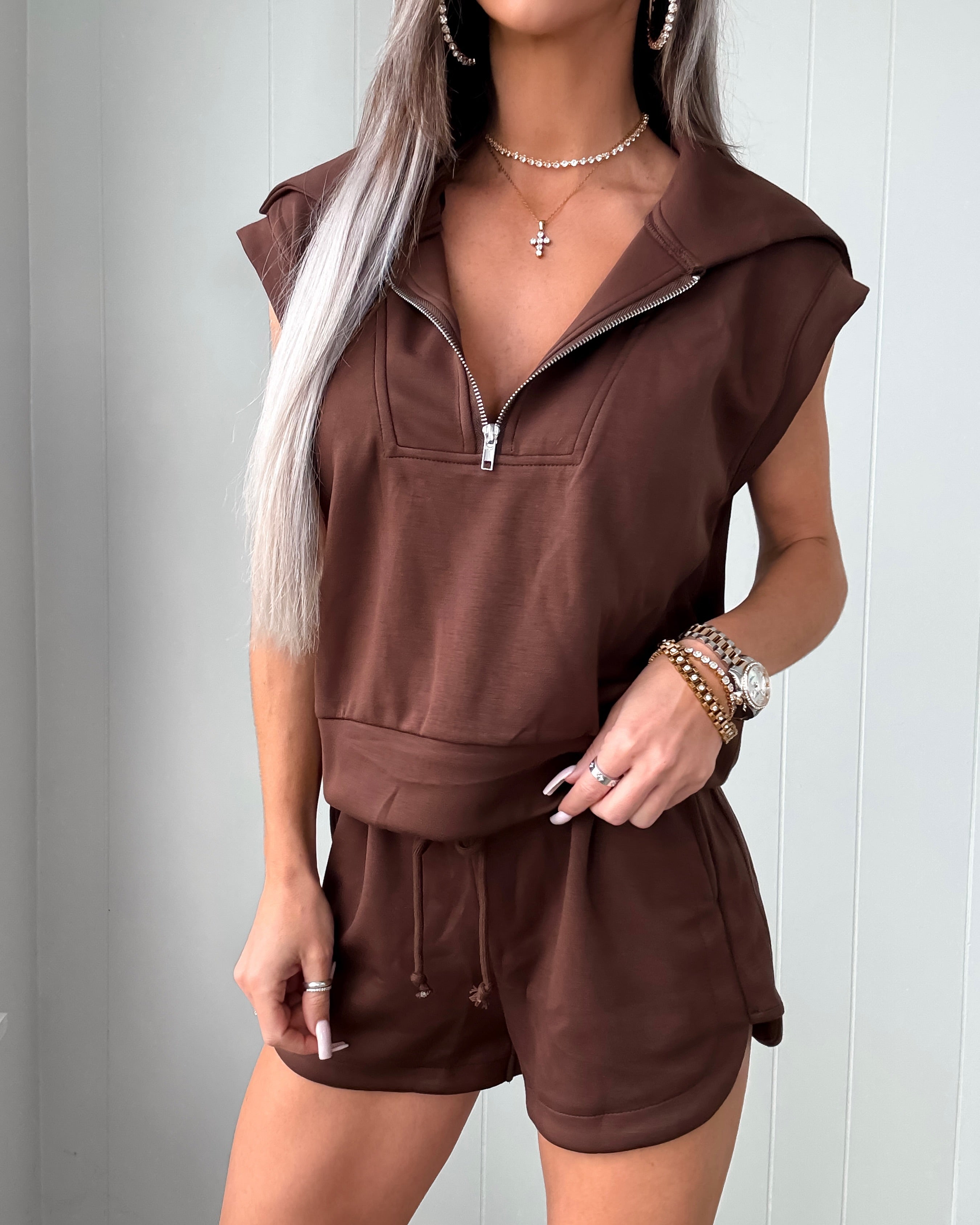 Blake Cropped Sweatshirt & Shorts Set - Chocolate