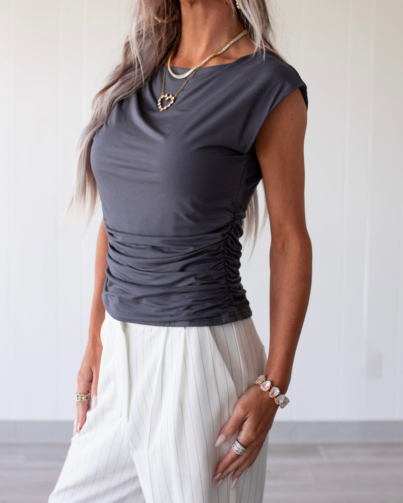 Ruched & Radiant Boat Neck Tank - Slate Blue