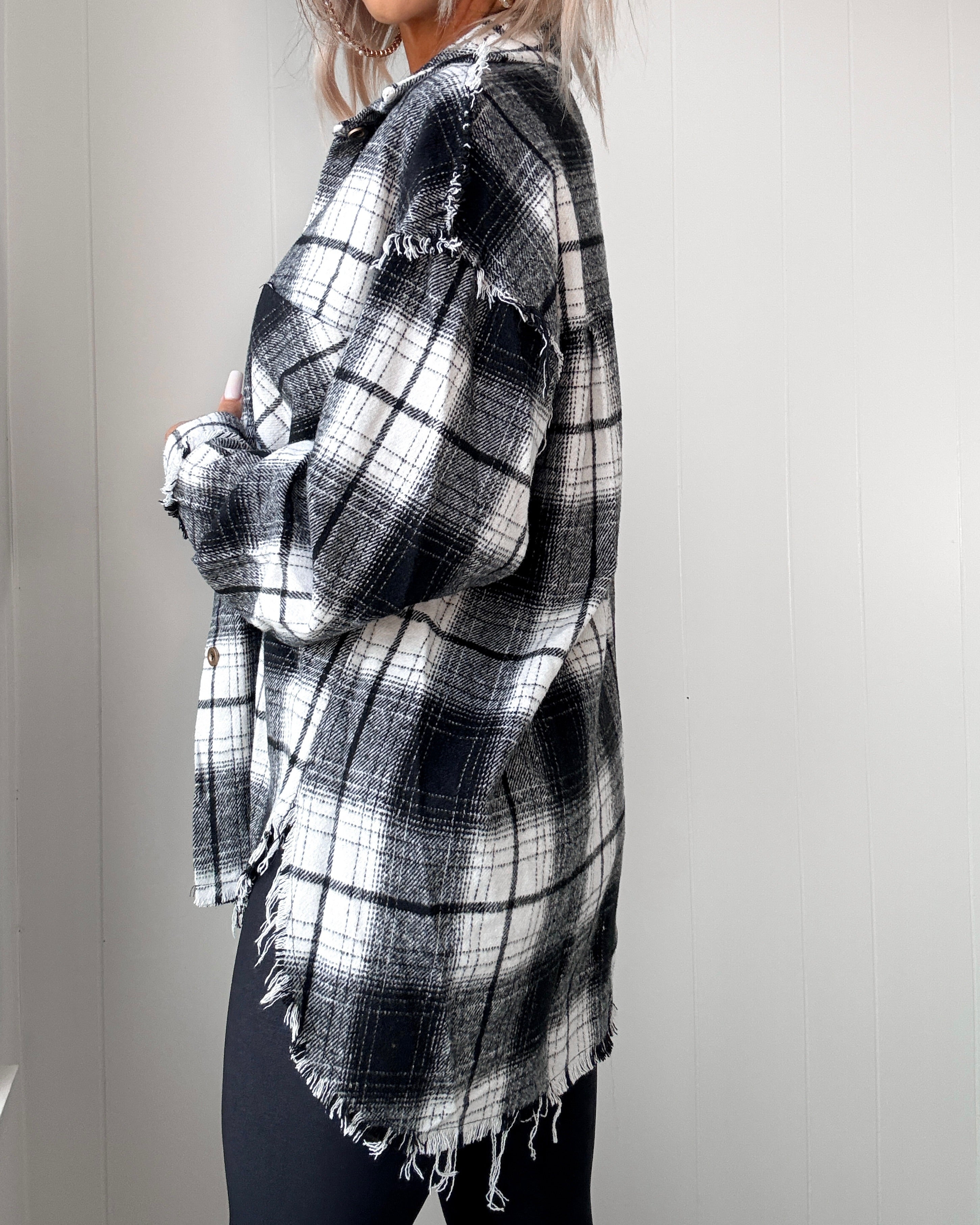Plaid Charm Oversized Flannel Top - Black
