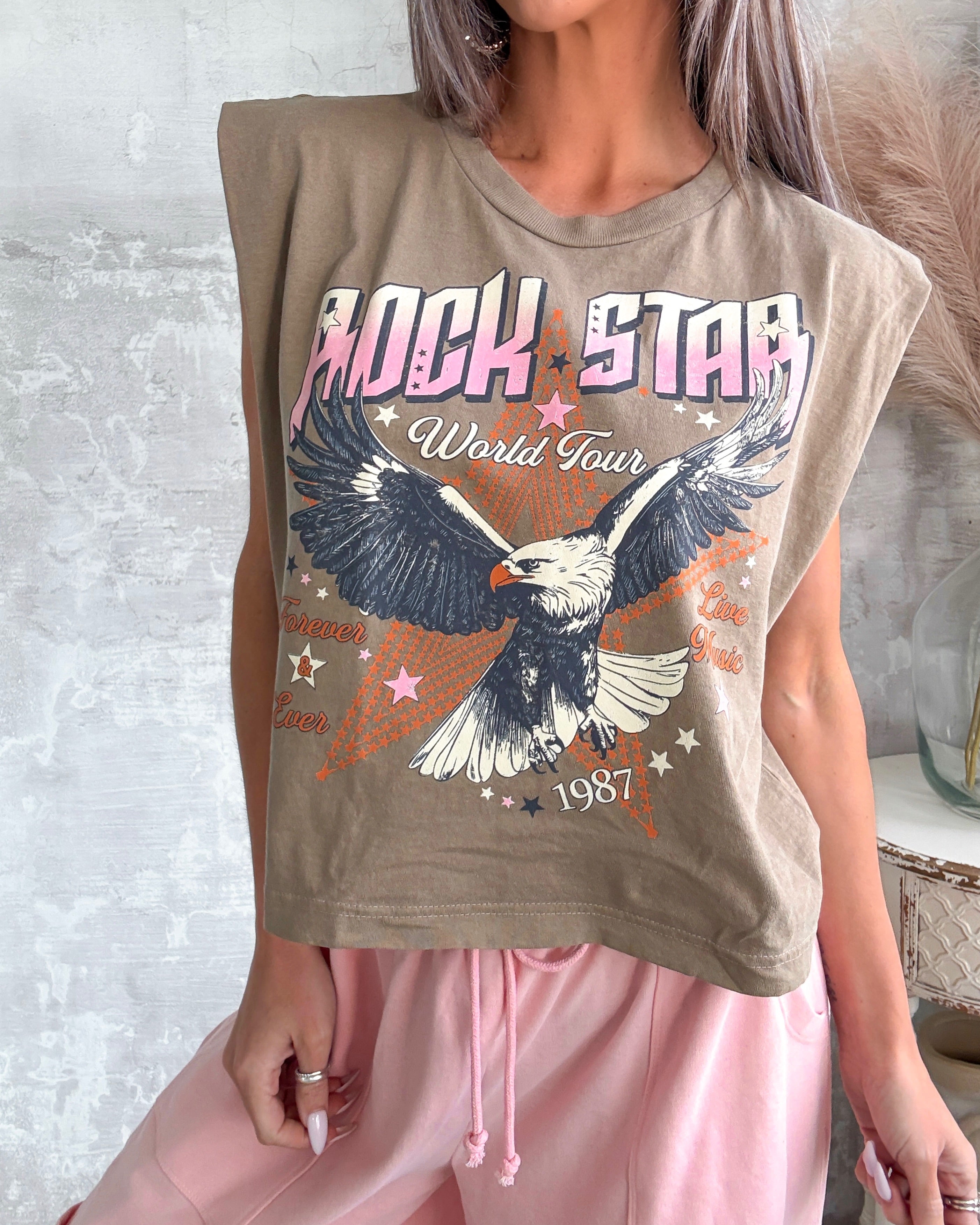 Rock Star Graphic Muscle Cropped Top - Brown