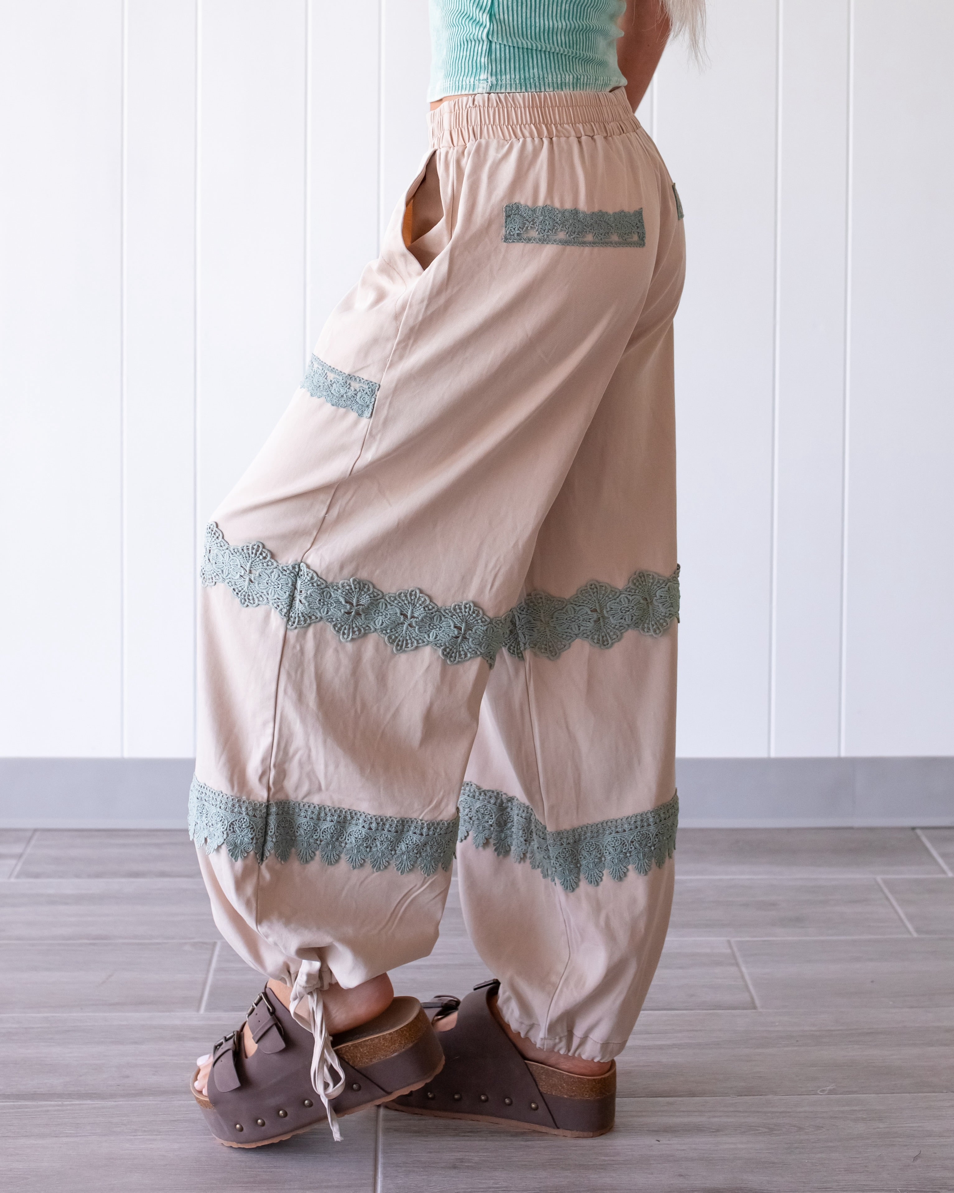 Bella Lace Trim Pants - Beige