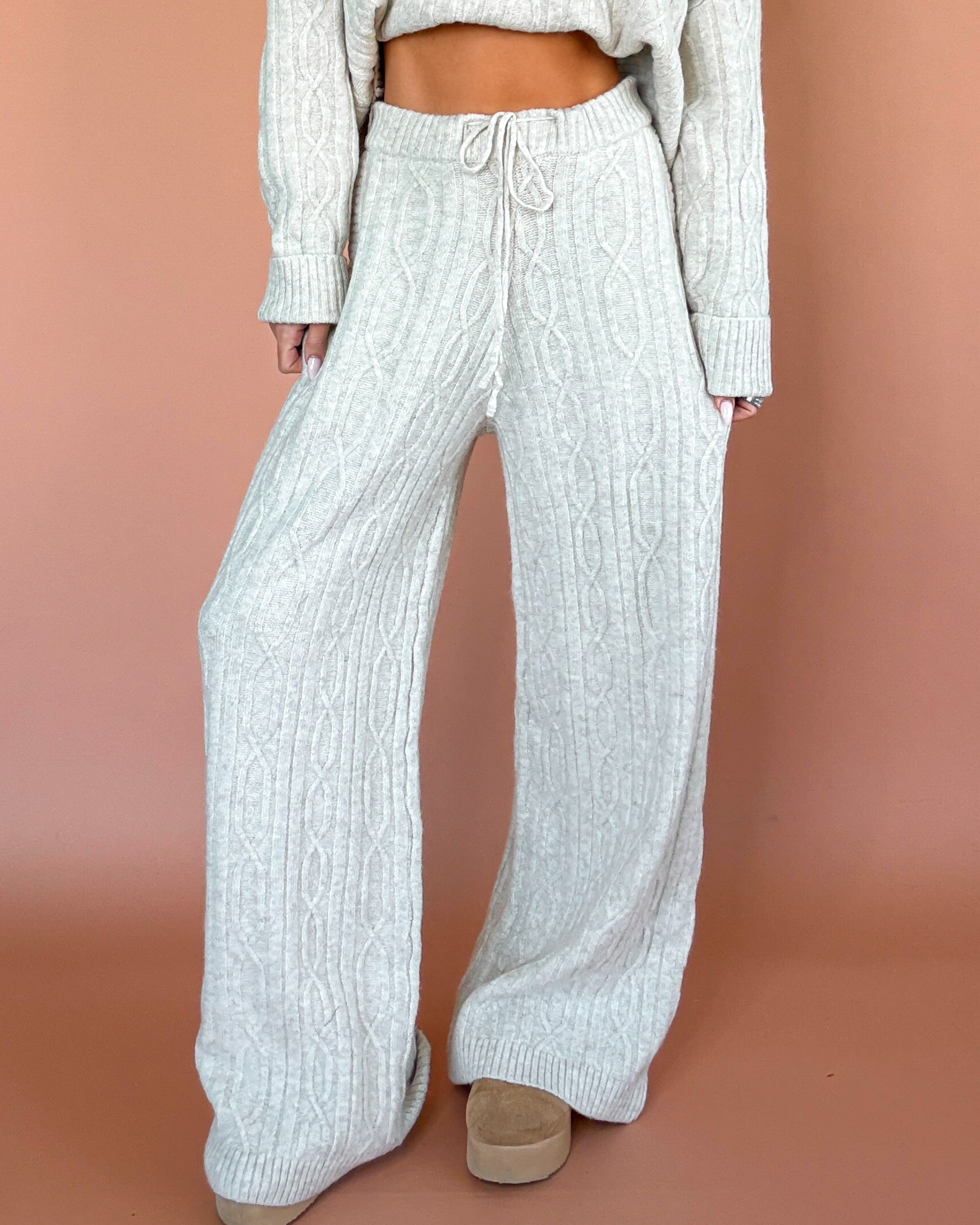 Winter Muse Cable Knit Wide Leg Pants Set - Oatmeal