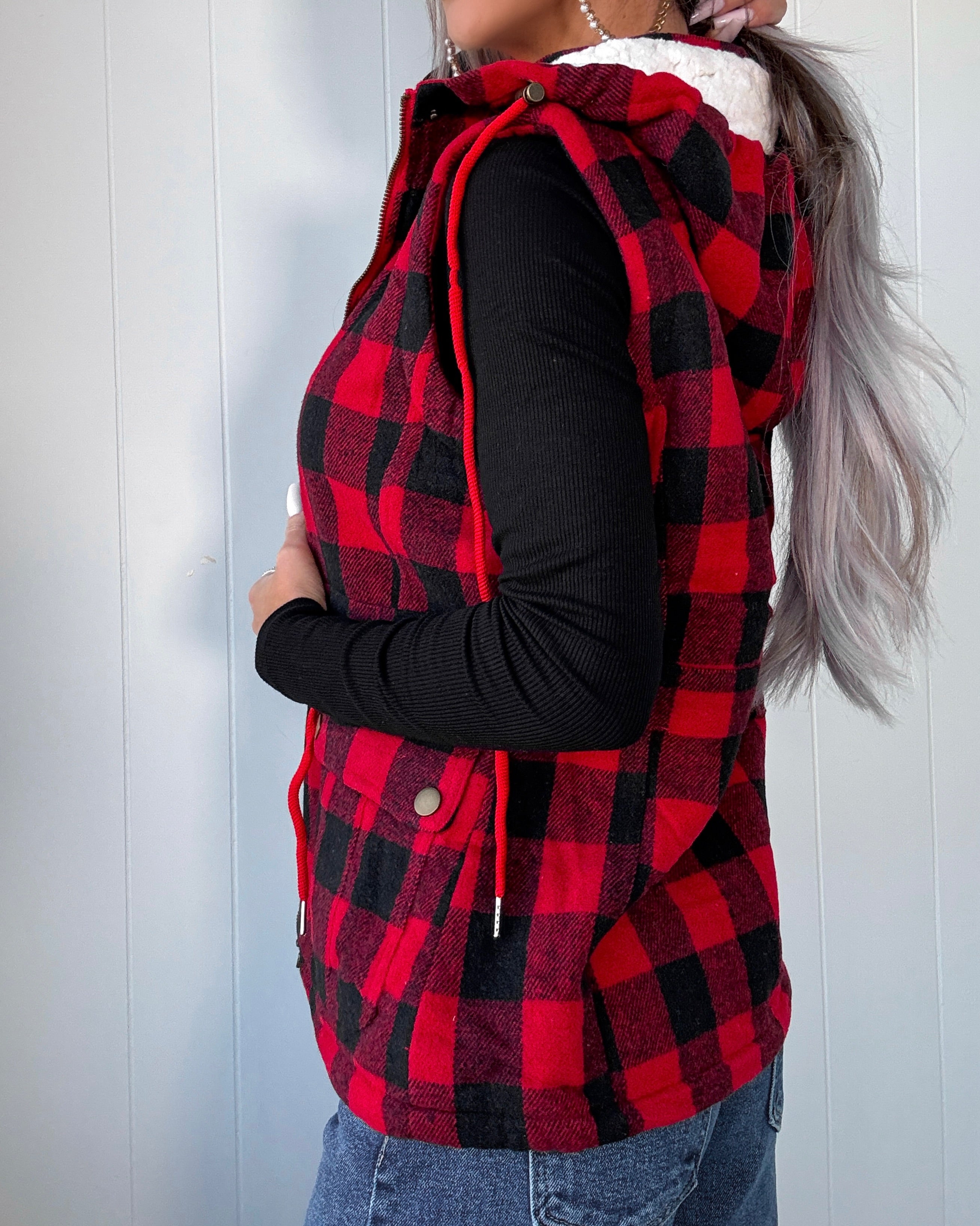 Plan Ahead Plaid Hooded Vest - Red/Black