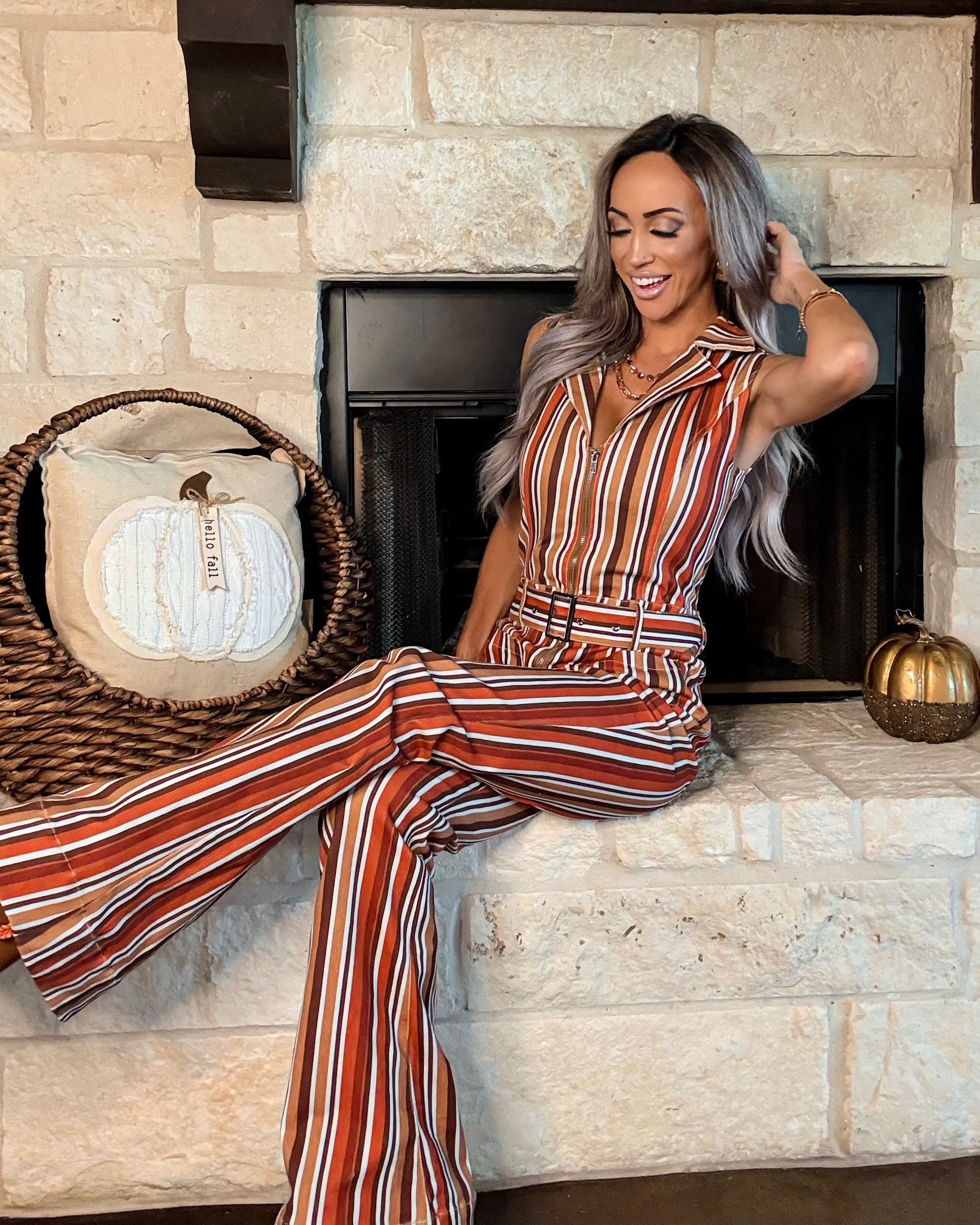 Autumn Rhythm Striped Jumpsuit - Rust