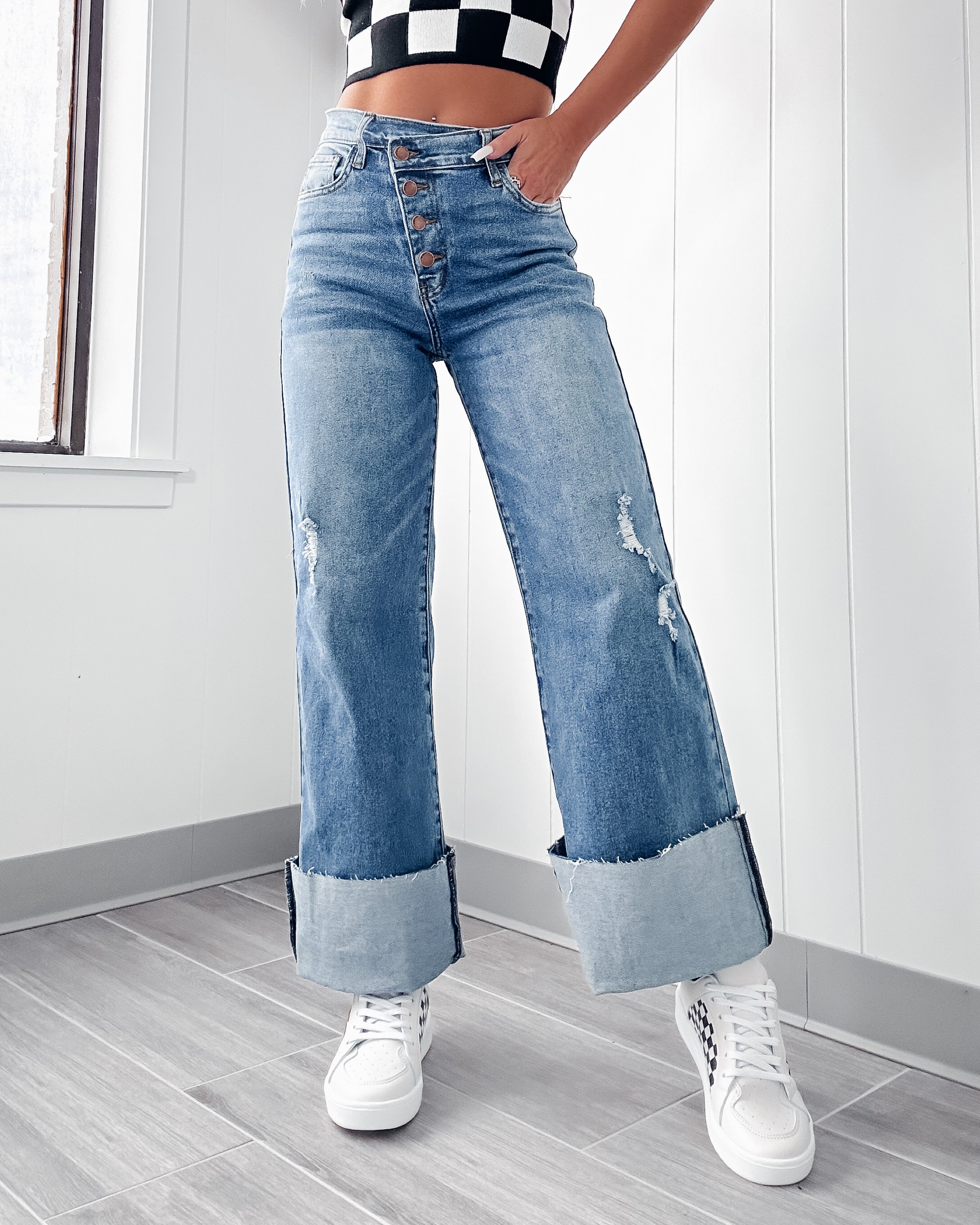 Addison Cross Over Button Jeans - Medium Wash