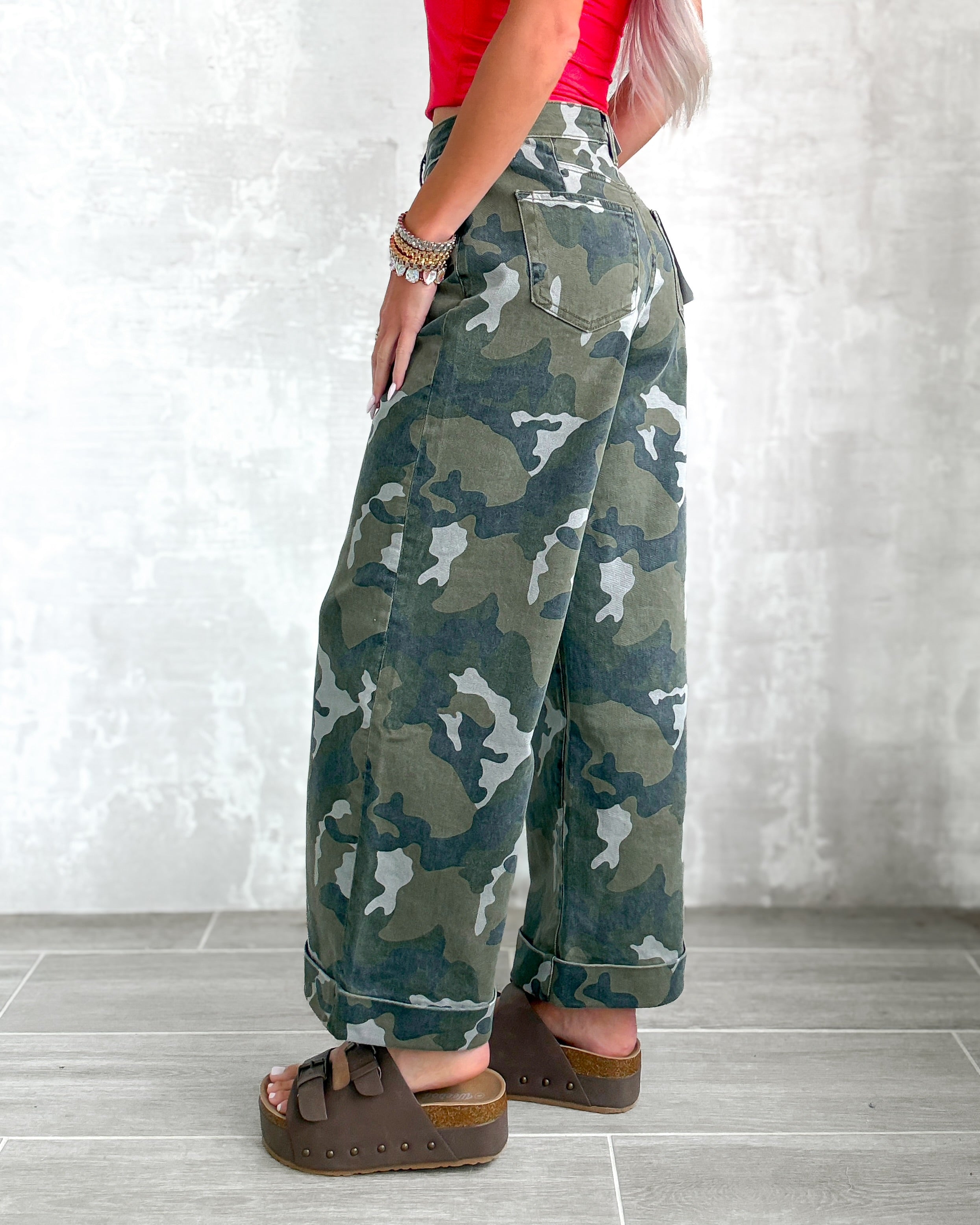 Emily Wide Leg Cuffed Jeans - Camo