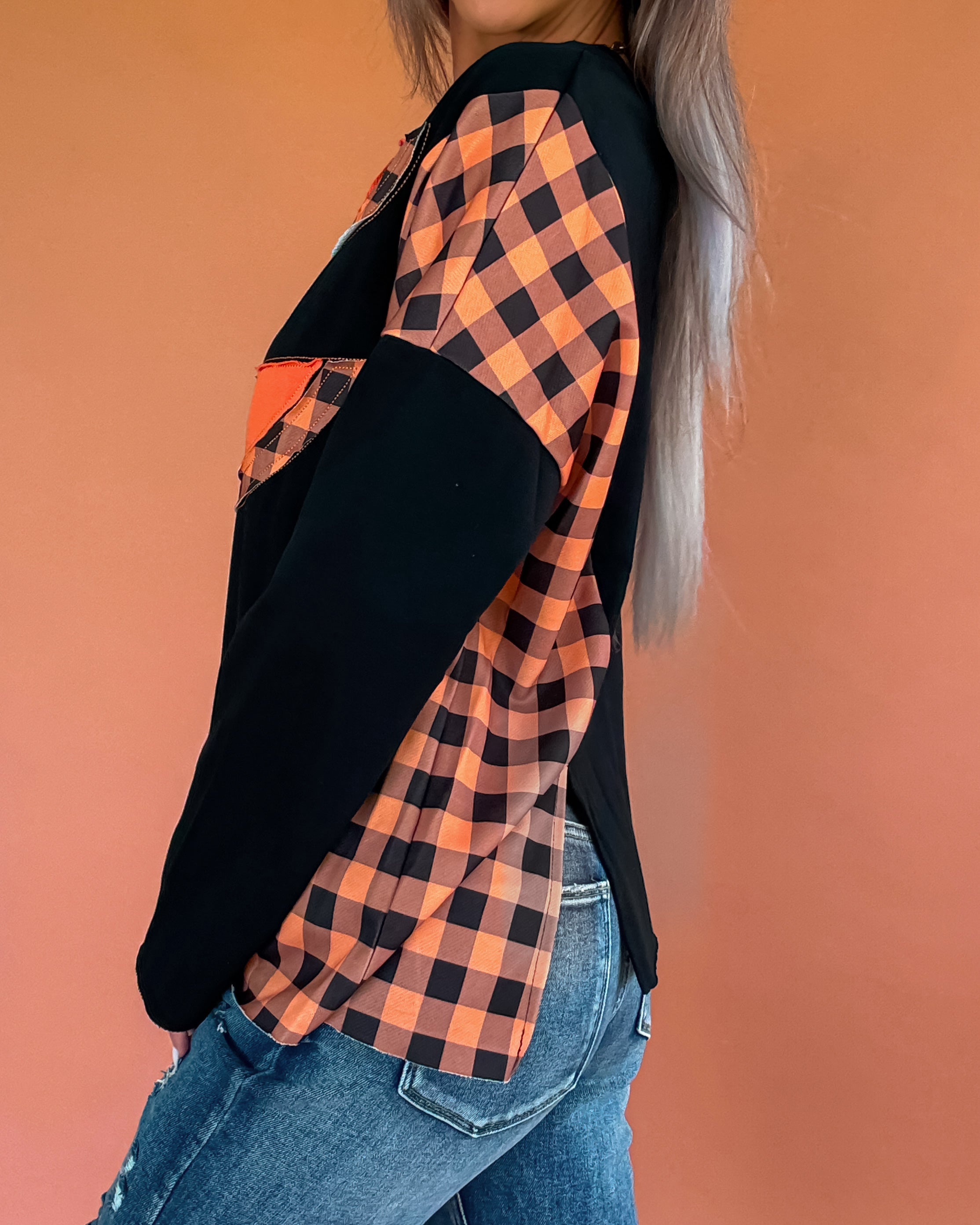 Pumpkin & Plaid Long Sleeve Graphic Top - Black