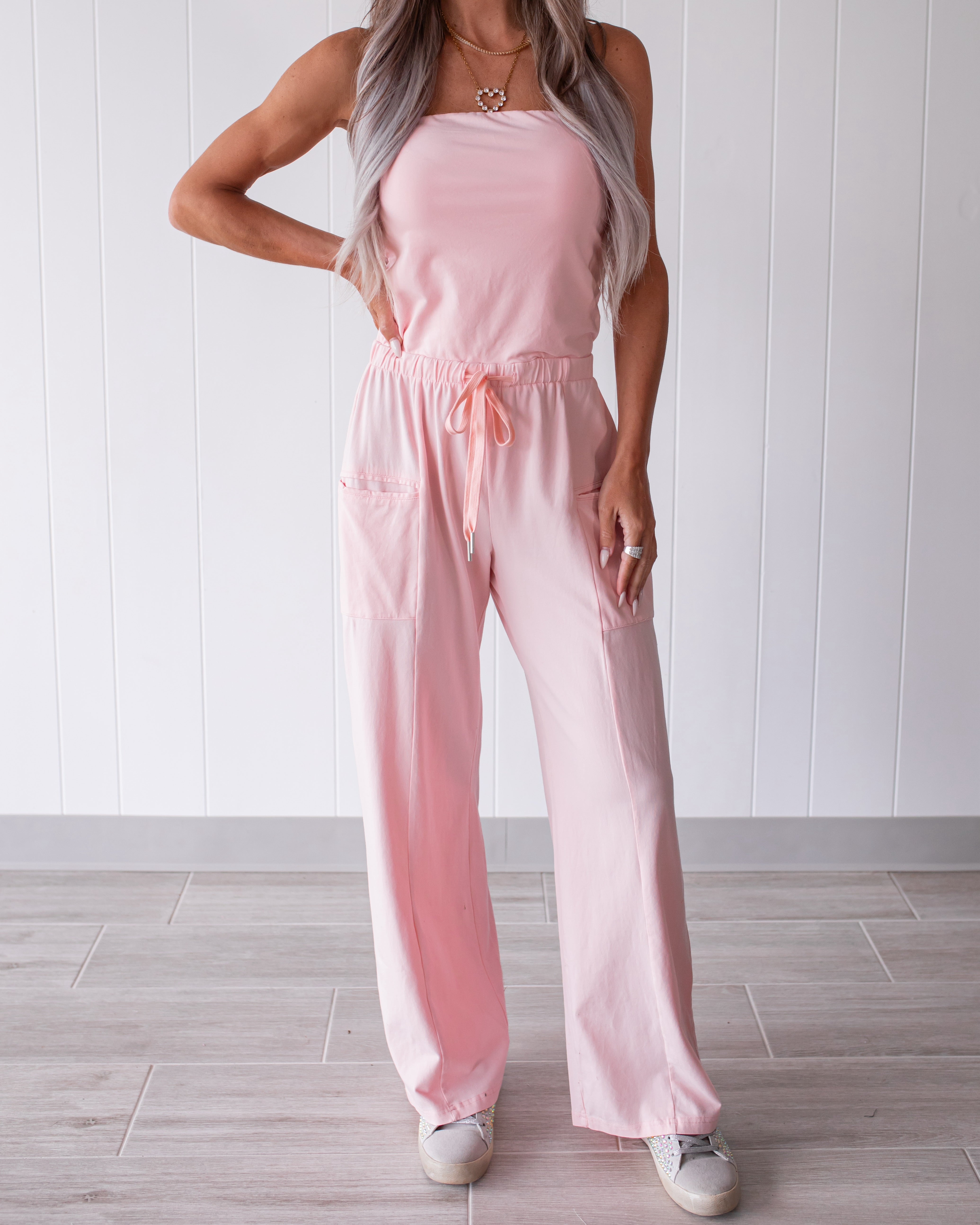 Pretty in Pink Tie Wide Leg Jumpsuit- Light Pink