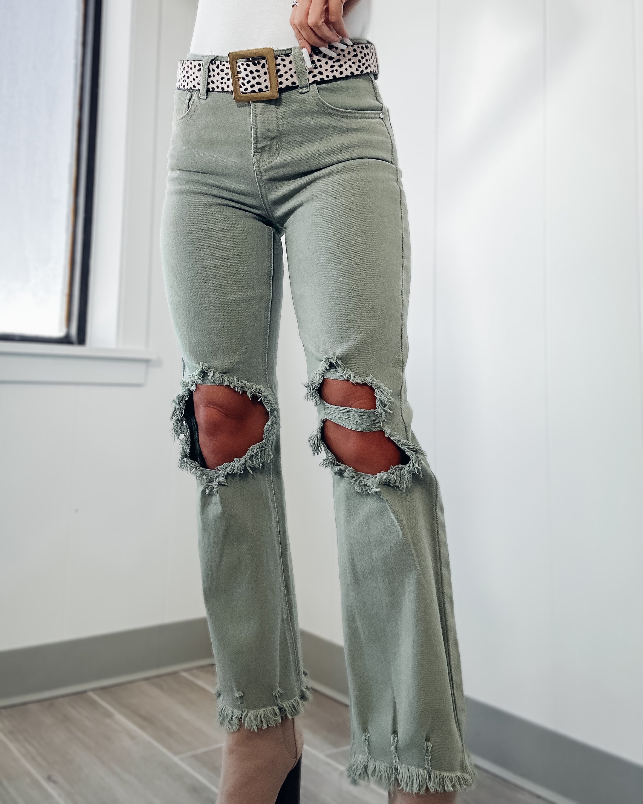 Jessie High Rise Distressed Jeans - Olive