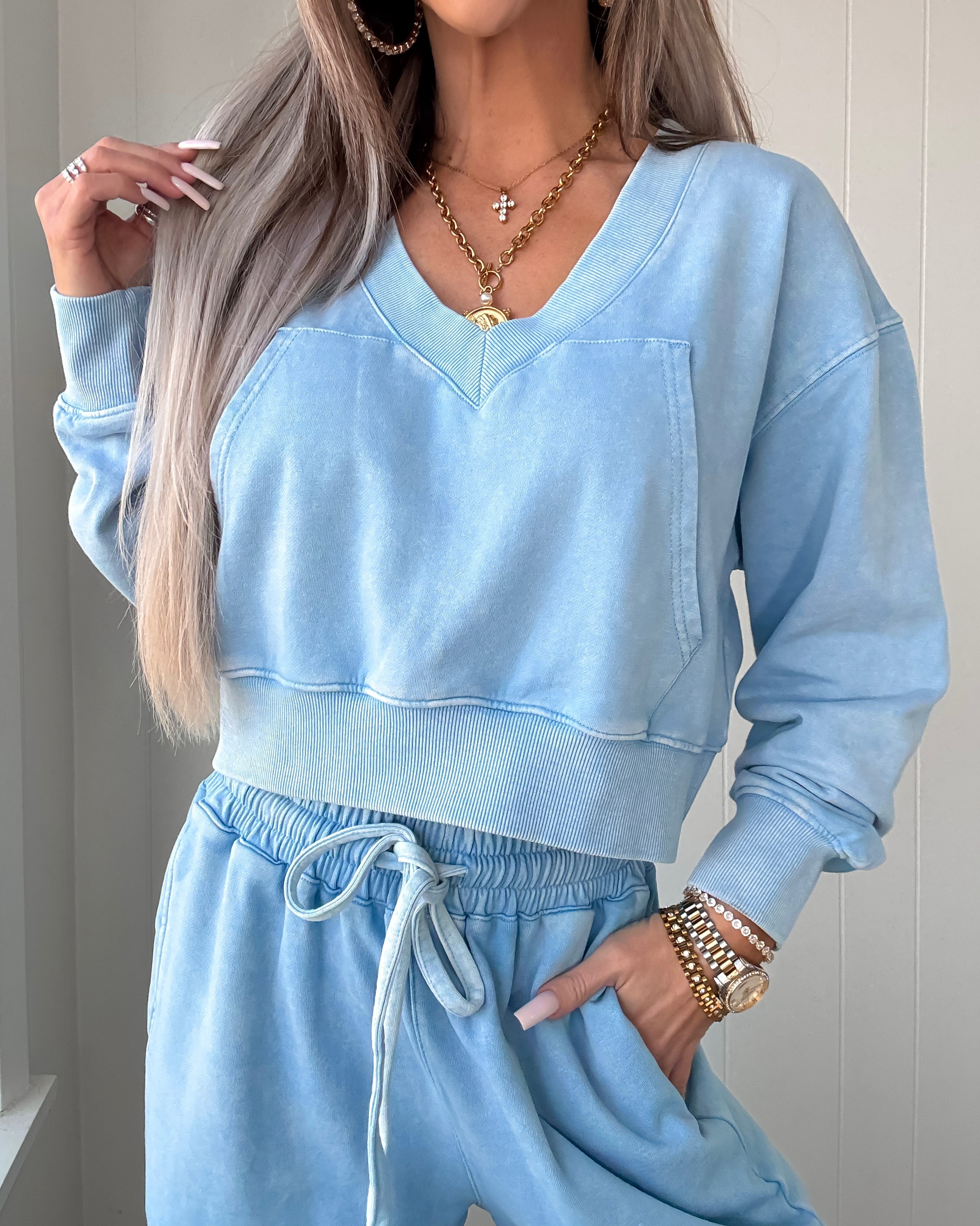 The Harper Lounge Crop Sweater - Washed Sky Blue