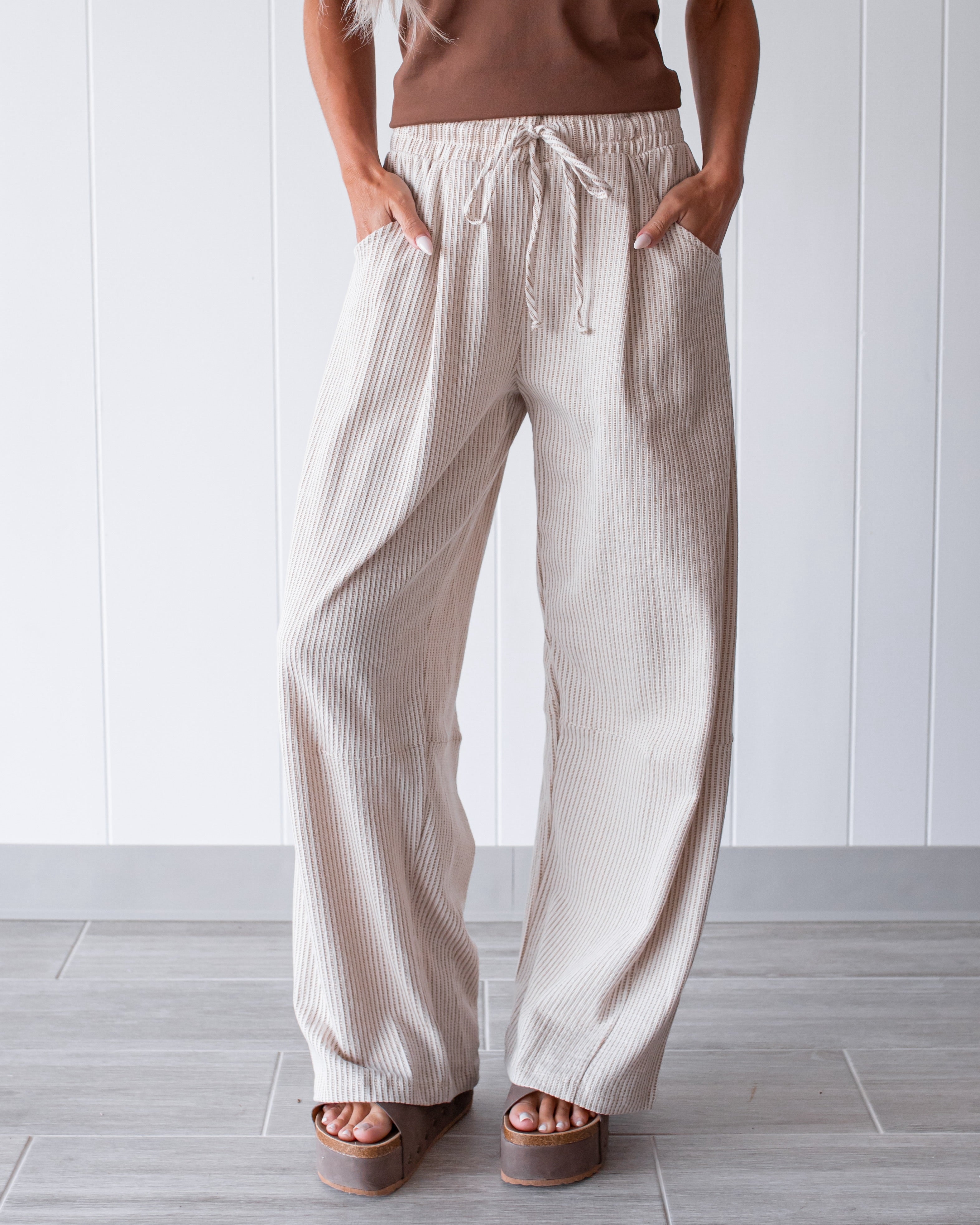 Bow Down Stripe Drawstring Pants - Taupe