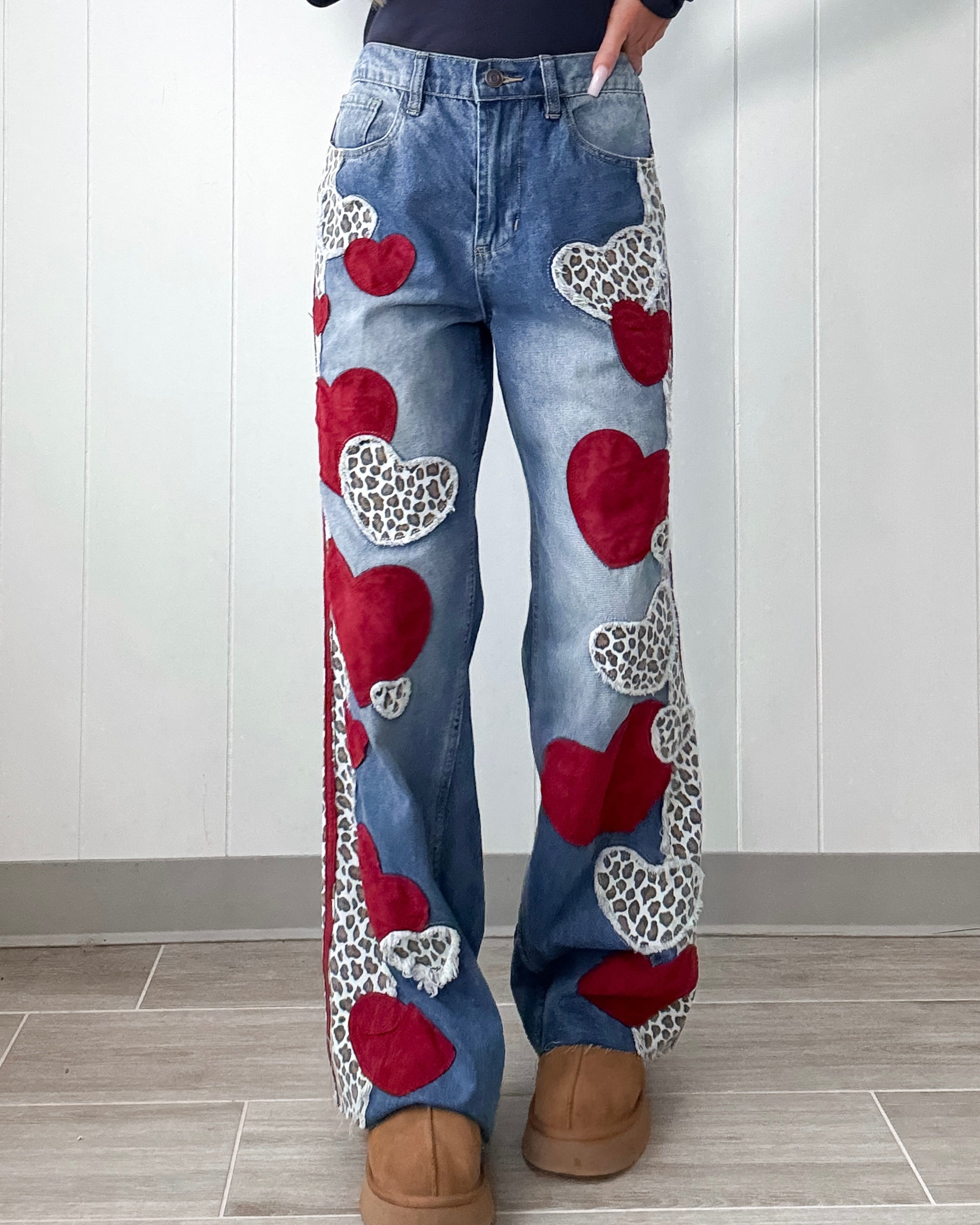 Love Me Wild Straight  Leg Jeans - Denim/Red
