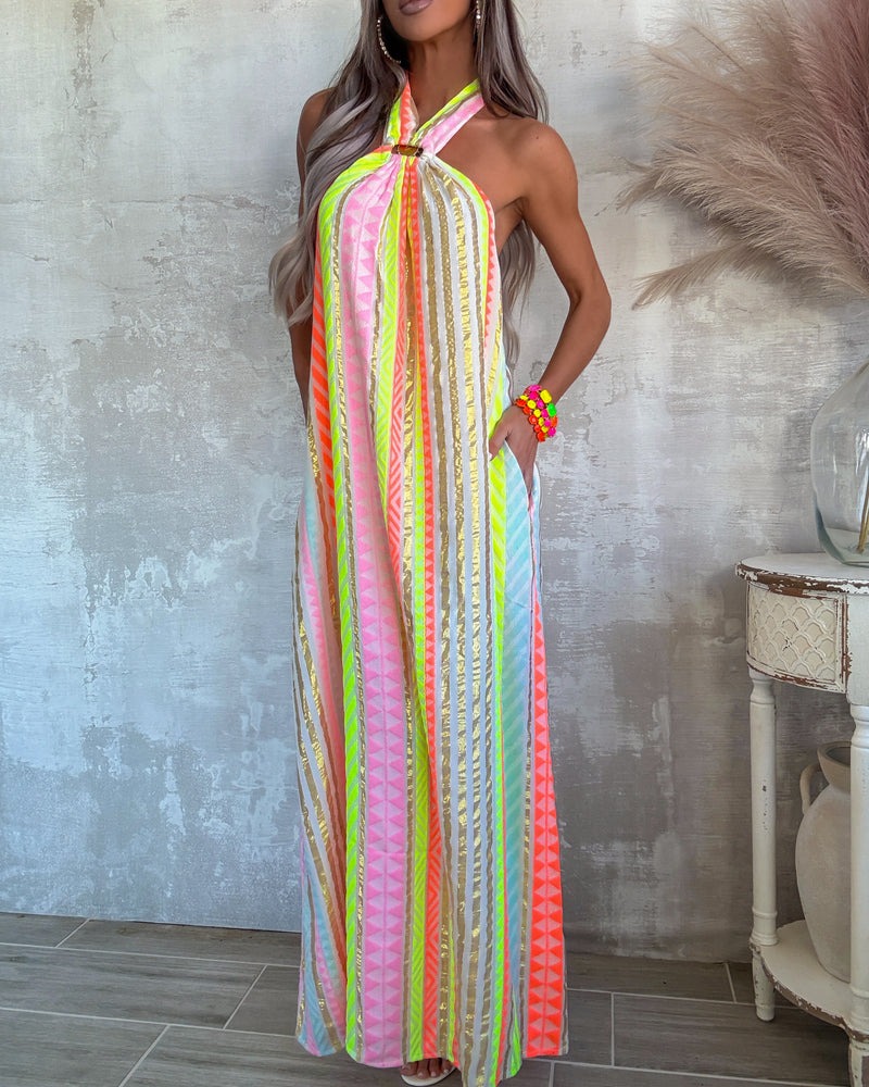 Electric Sunset Maxi Dress - Neon Pink