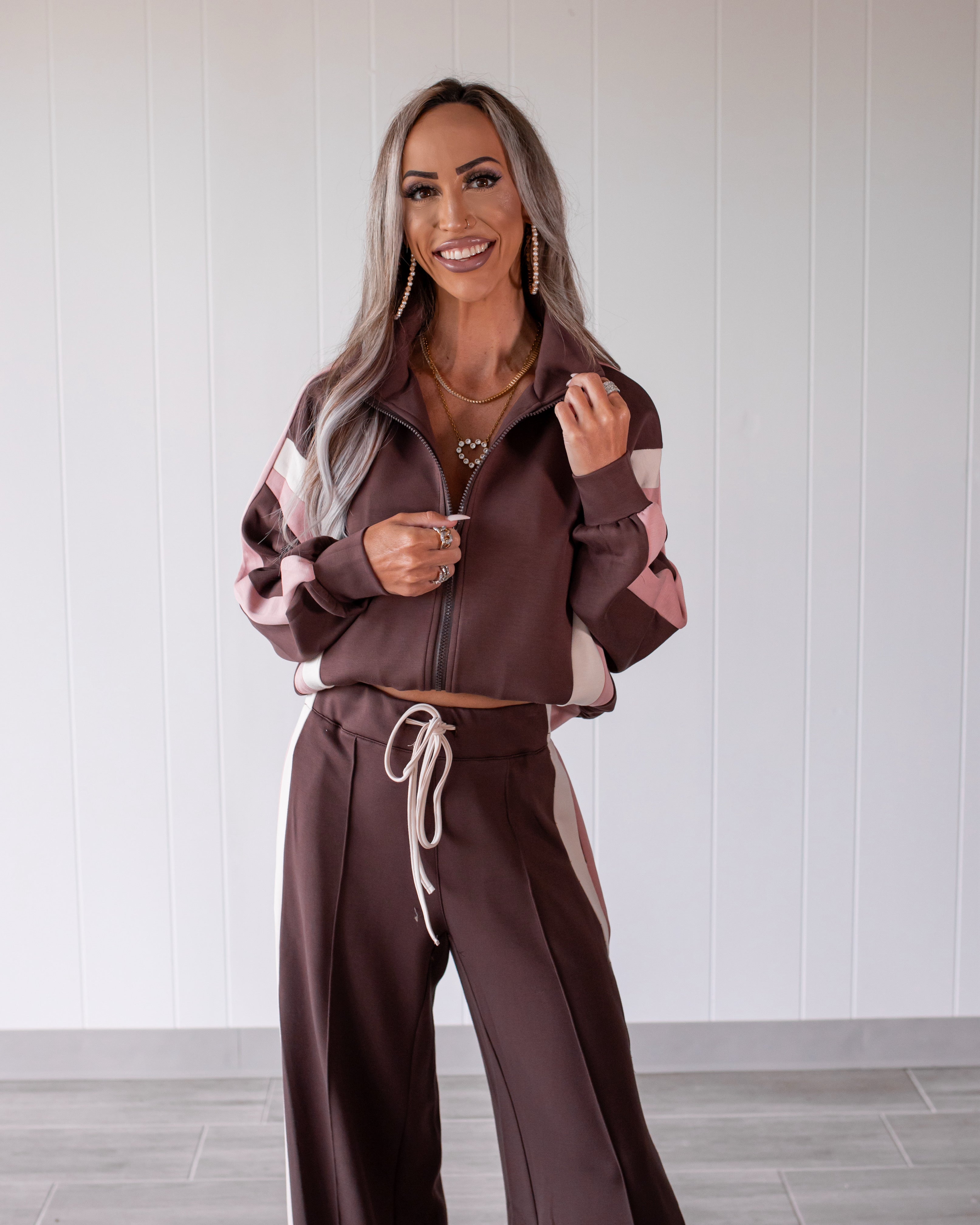 Latte Love Stripe Zip Up Jacket - Brown/Pink