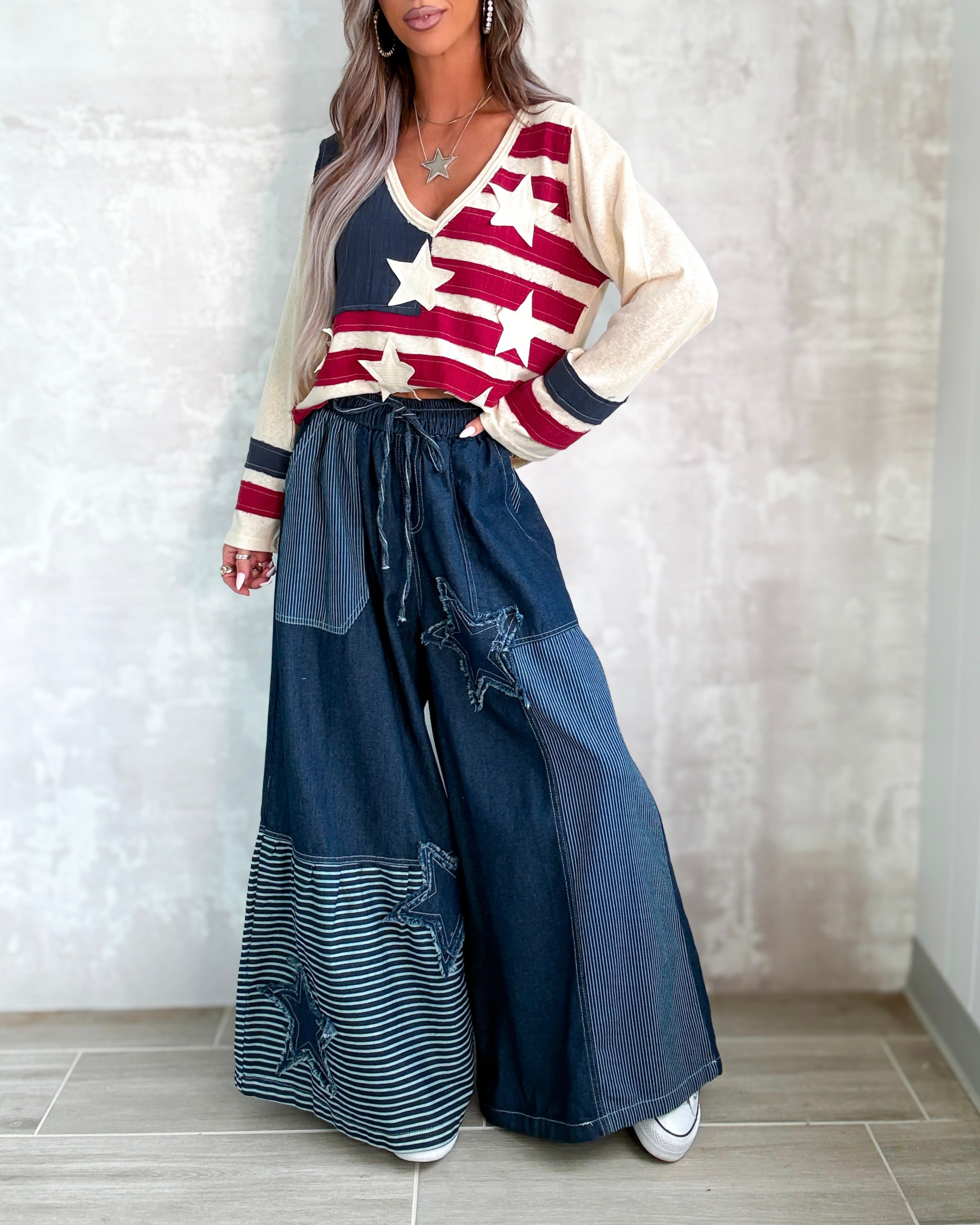 Liberty Bell Frayed Star Patch Wide Leg Pants - Denim