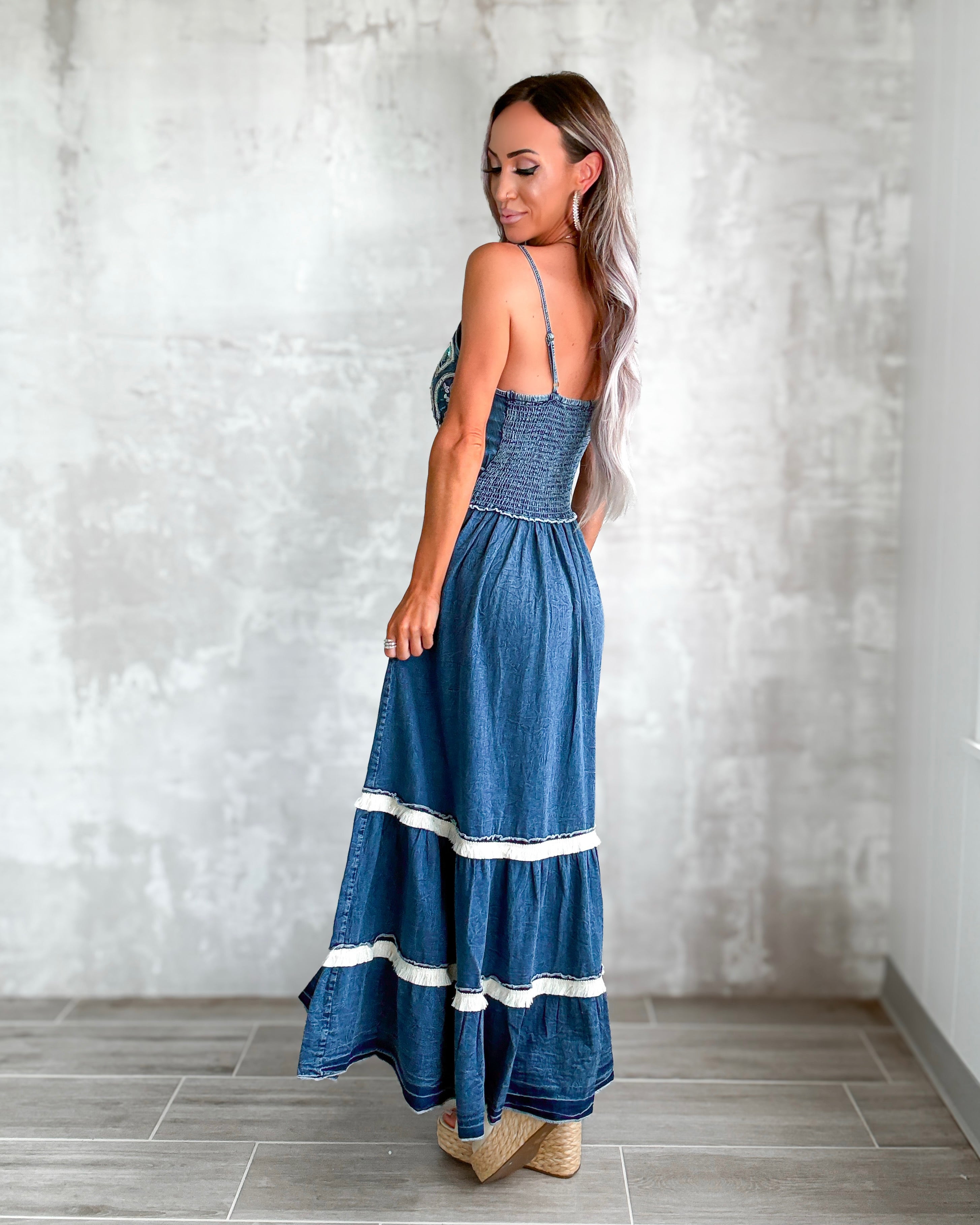 Opal Denim Smocked Tiered Maxi Dress - Dark Denim