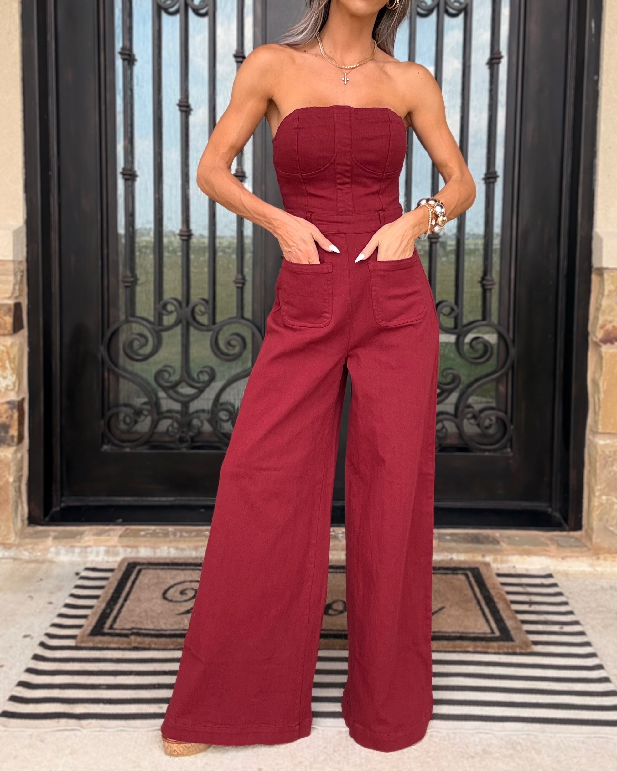 Hot Streak Tube Top Denim Jumpsuit - Burgundy