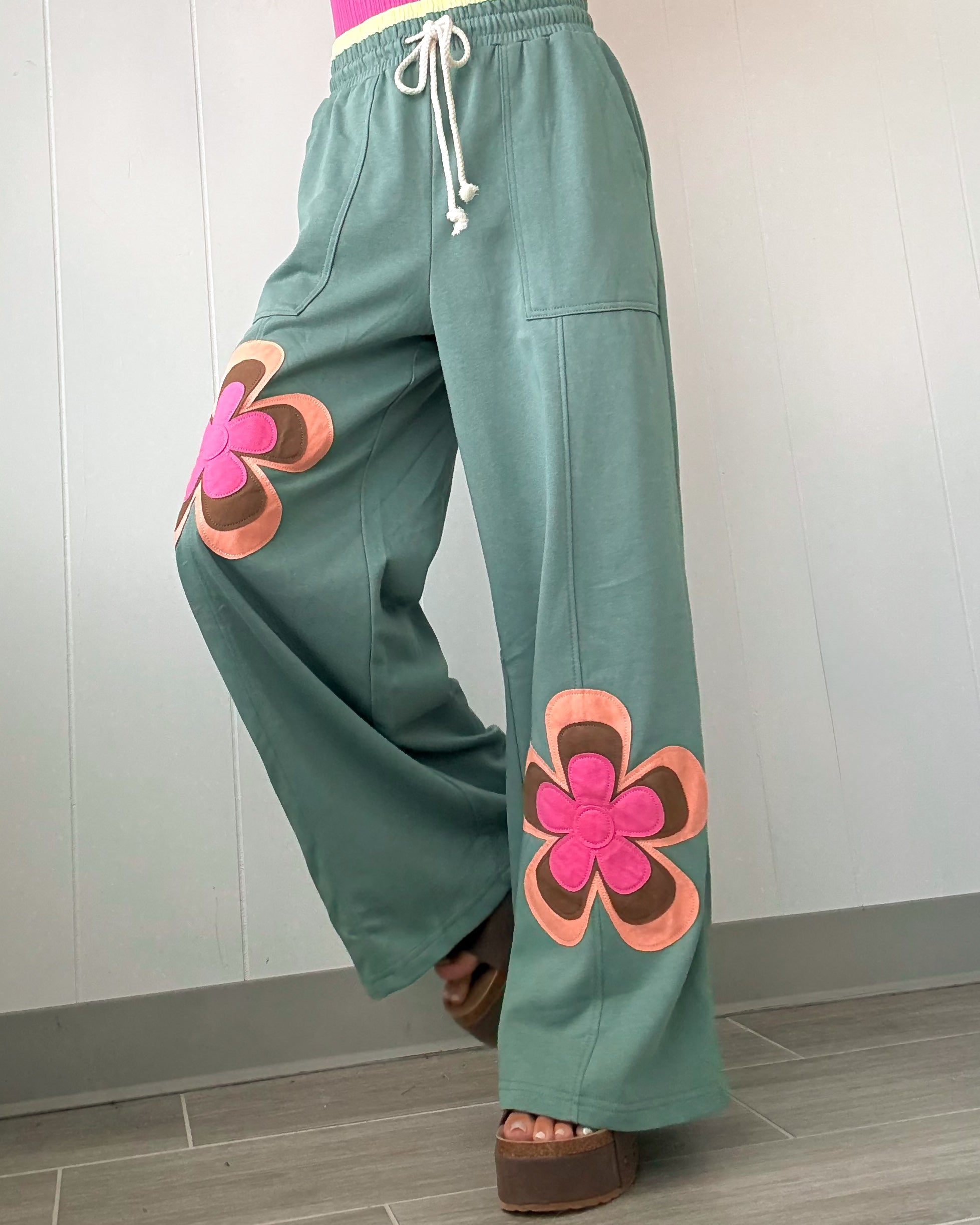 Retro Bloom Wide Leg Pants - Sea Green
