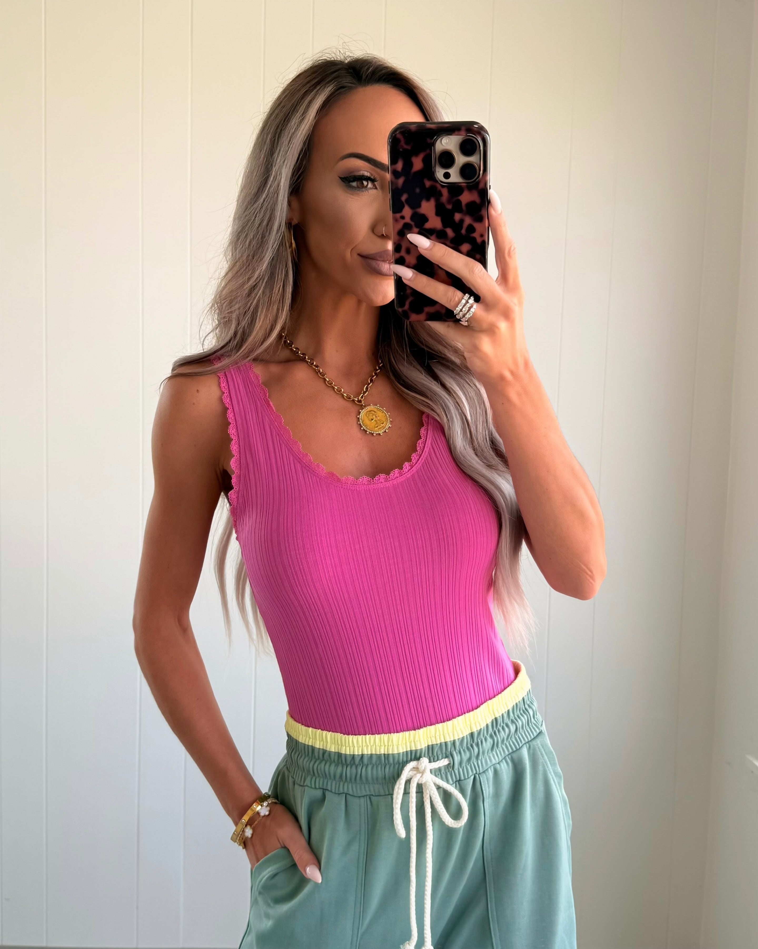 Lace Kiss Ribbed Tank - Fuchsia