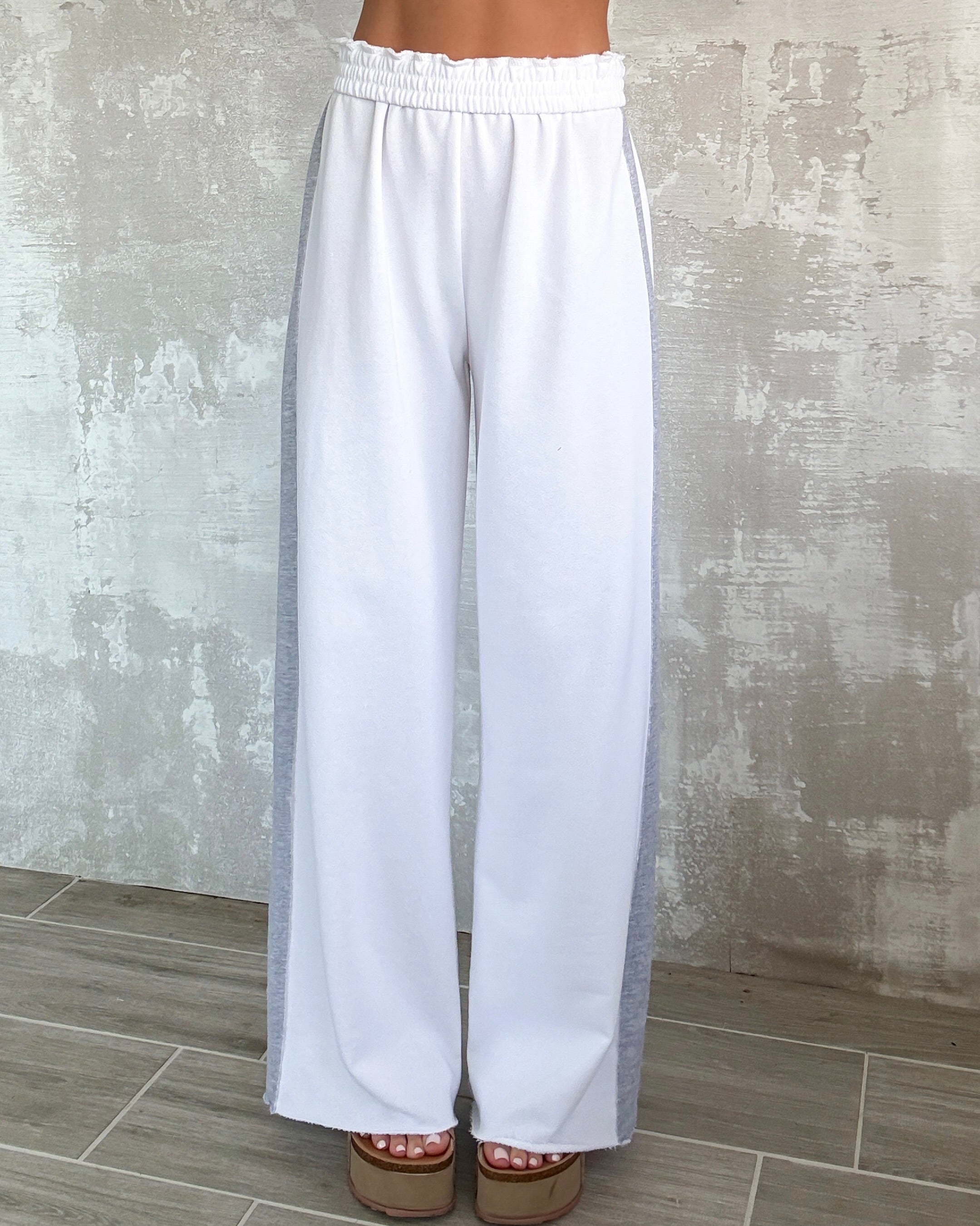 Simple Comfort Stripe Detail Pants Set - White/Grey