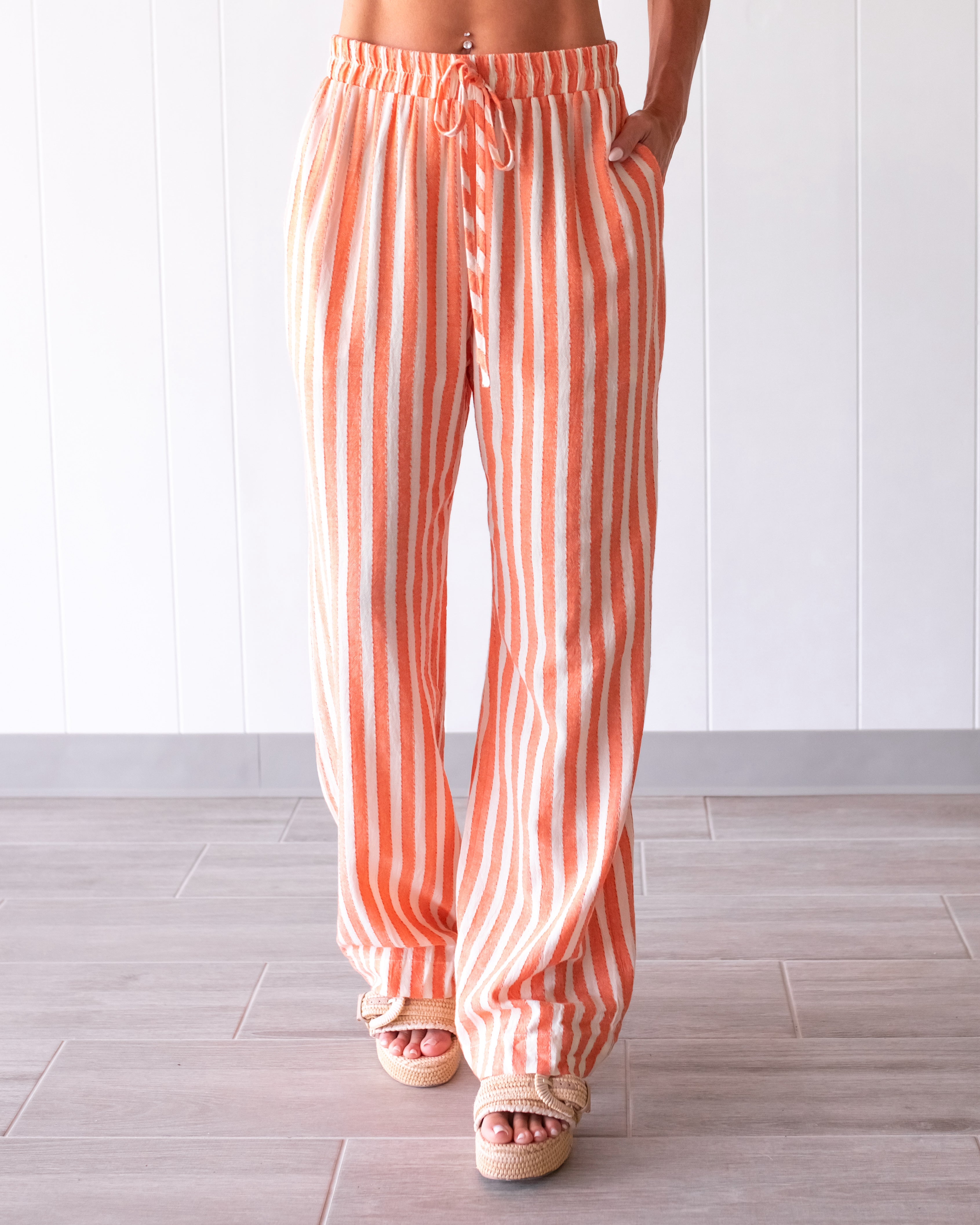 Vacation Stripe Wide Leg Pants - Coral